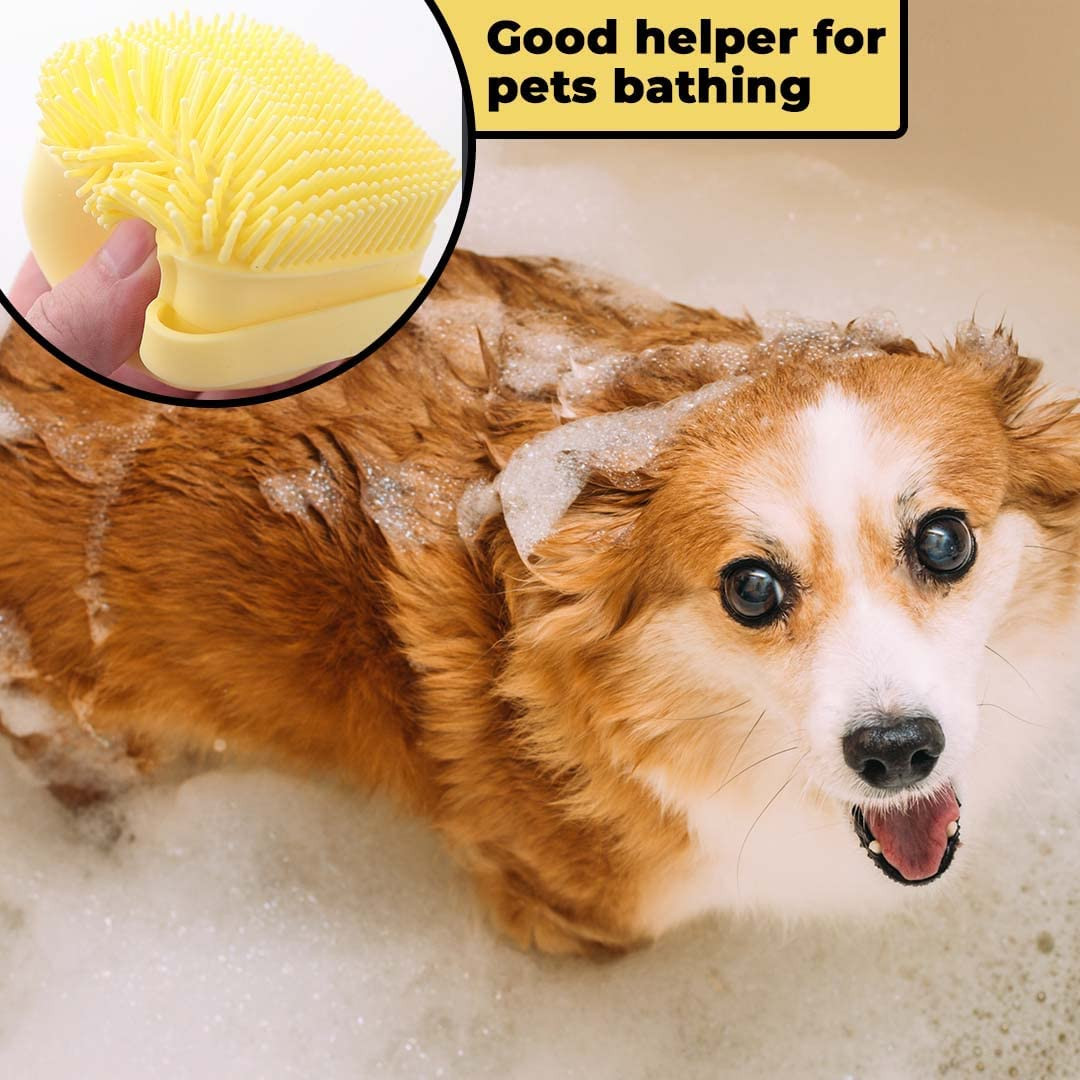 Kuber Industries Dog Brush with Shampoo Container|Cat & Dog Bath Brush for Bathing|Exfoliating|Scrubbing|Massaging & Relaxing|Soft Silicone|Suitable for All Pets|PT230Y|Yellow