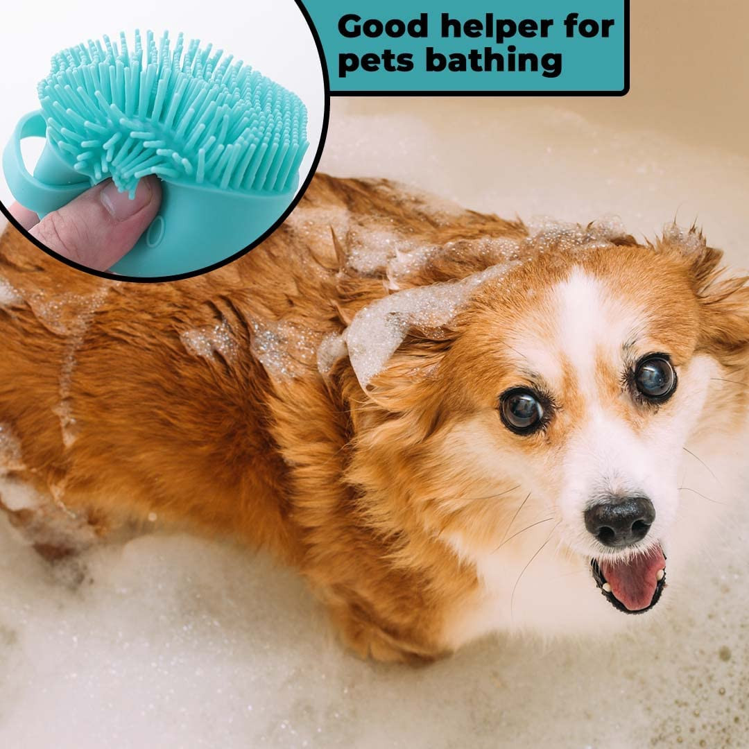 Kuber Industries Dog Brush with Shampoo Container|Cat & Dog Bath Brush for Bathing|Exfoliating|Scrubbing|Massaging & Relaxing|Soft Silicone|Suitable for All Pets|PT230B|Blue