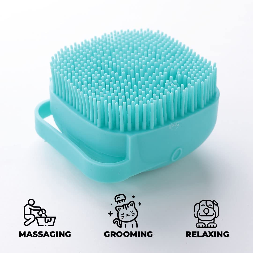 Kuber Industries Dog Brush with Shampoo Container|Cat & Dog Bath Brush for Bathing|Exfoliating|Scrubbing|Massaging & Relaxing|Soft Silicone|Suitable for All Pets|PT230B|Blue