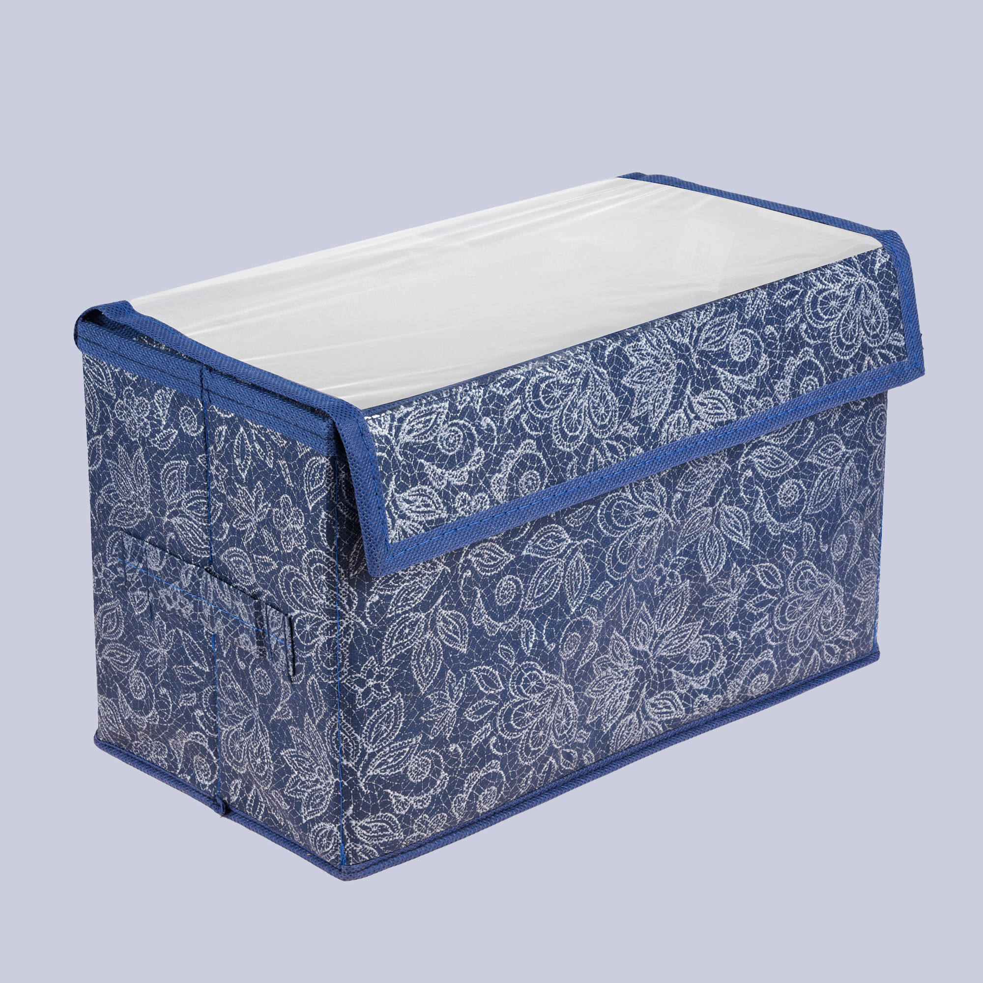 Kuber Industries Drawer Storage Box | Clothes Drawer Organizer with Handle | Transparent Lid with Velcro | Wardrobe Organizer for Books | Flower Printed Dhakkan Storage Box | Small | Navy Blue