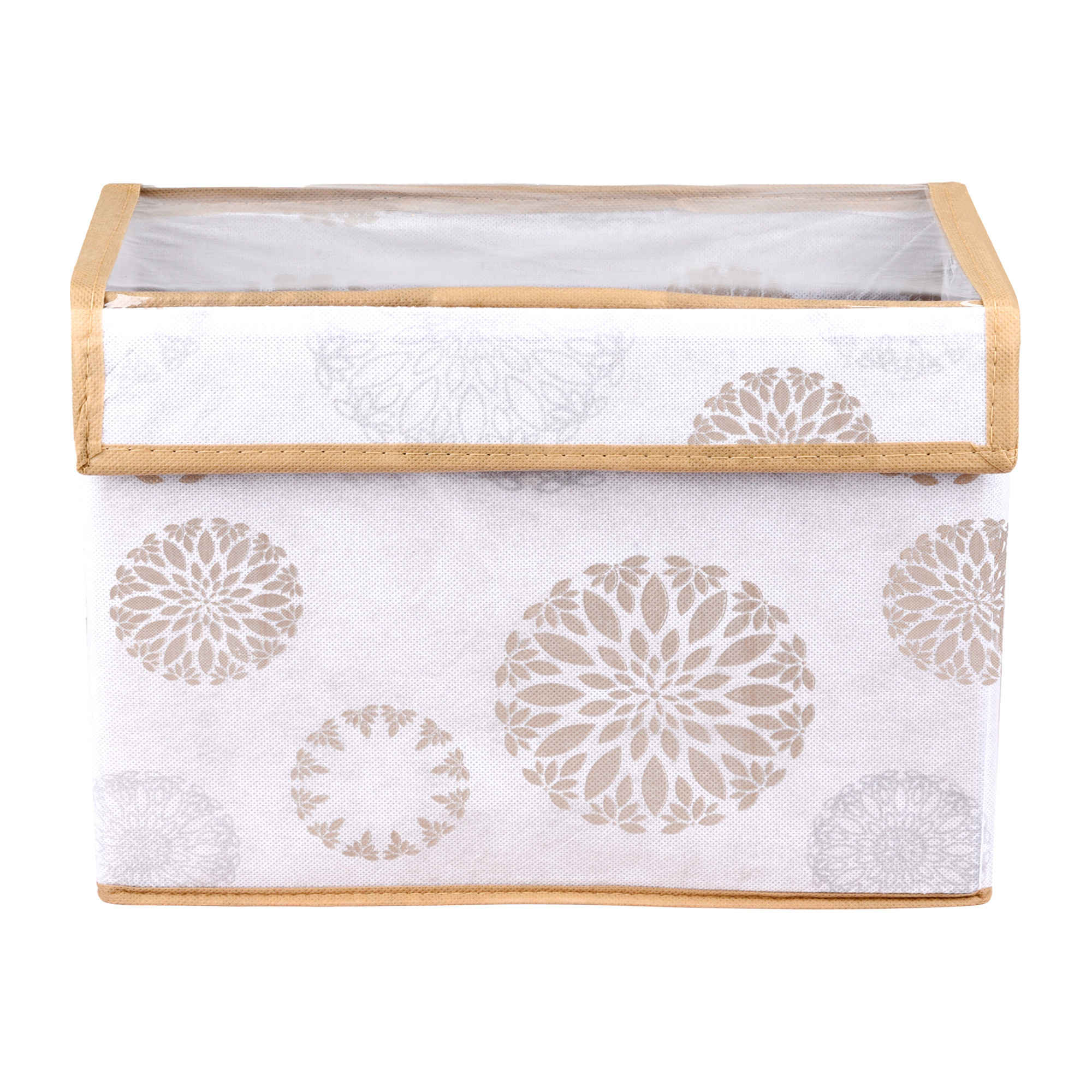 Kuber Industries Drawer Storage Box | Foldable Clothes Organizer | Transparent Dhakkan with Handle | Velcro Drawer Organizer | Storage Bin for Books-Toys | Gola-Print | Medium | White