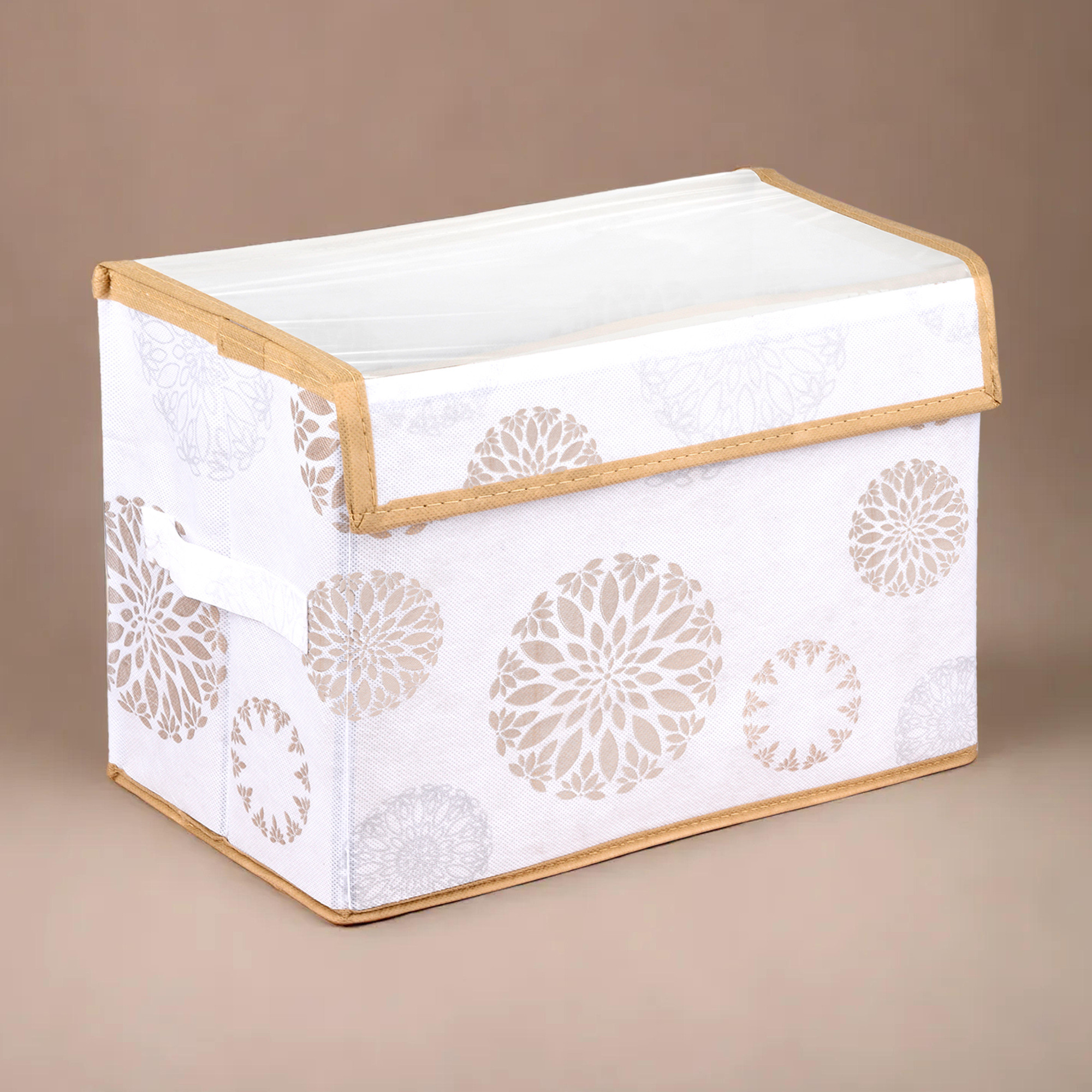 Kuber Industries Drawer Storage Box | Foldable Clothes Organizer | Transparent Dhakkan with Handle | Velcro Drawer Organizer | Storage Bin for Books-Toys | Gola-Print | Large | White