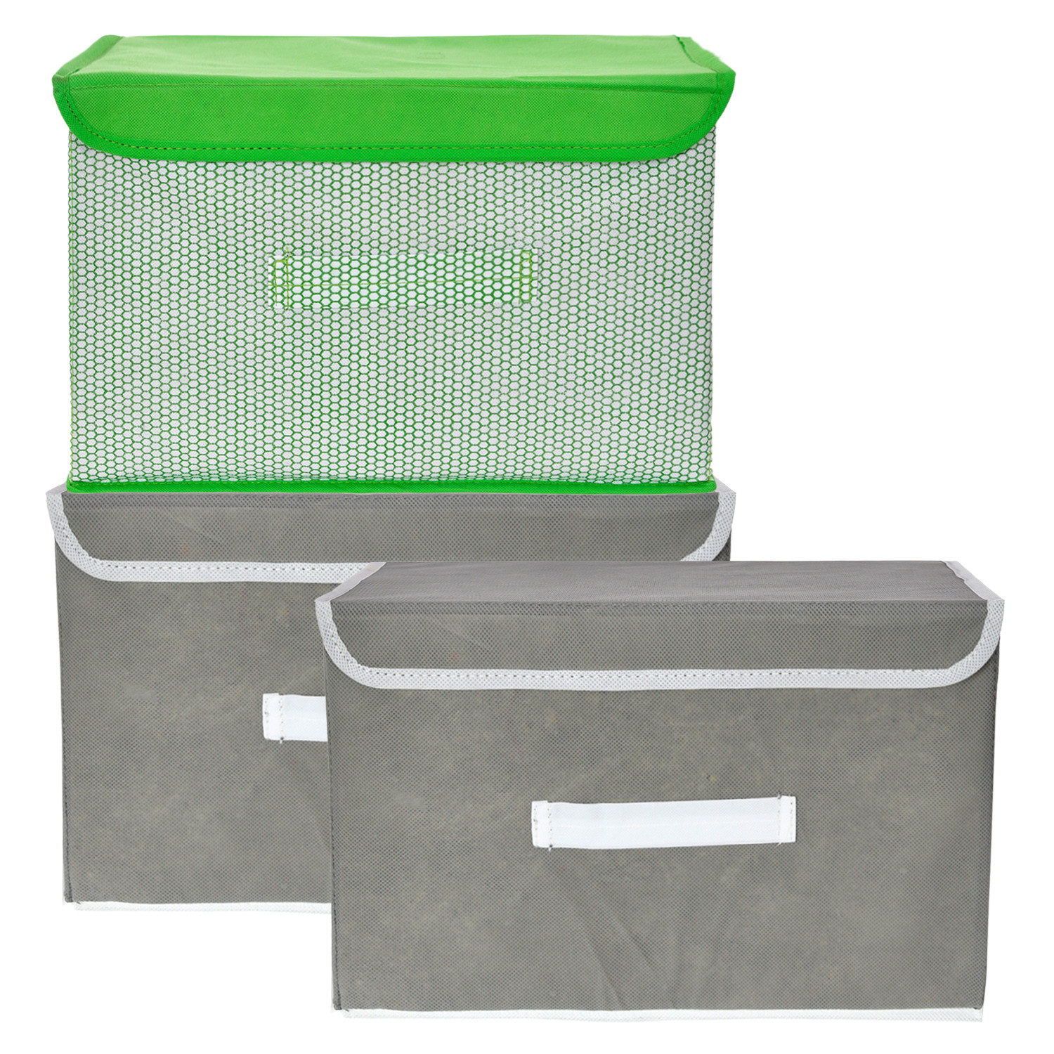 Kuber Industries Drawer Storage Box | Foldable Dhakkan Storage Box | Non-Woven Clothes Organizer For Toys | Storage Box with Handle | Large | Pack of 3 | Green & Gray