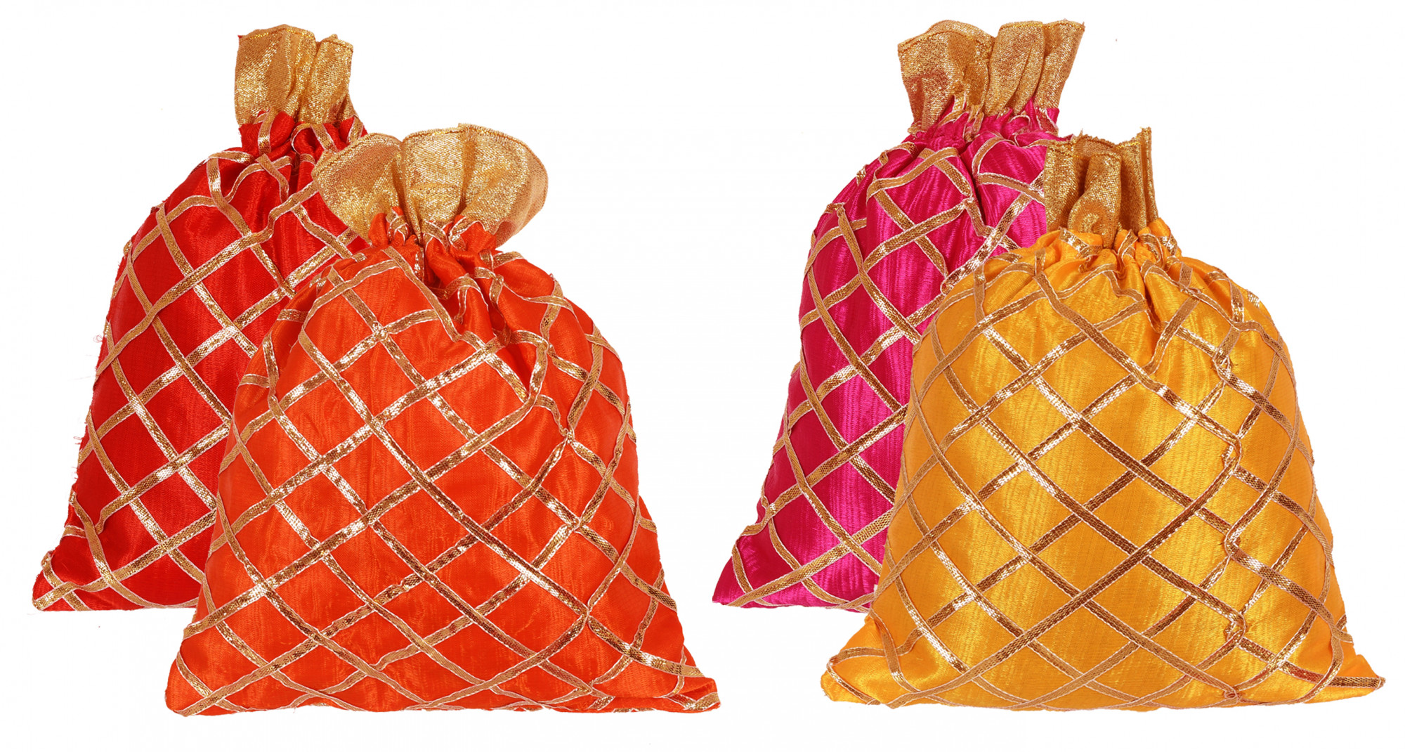 Kuber Industries Drawstring Potli Bag Party Wedding Favor Gift Jewelry Bags-Pack of 4 (Red & Orange & Pink & Yellow)