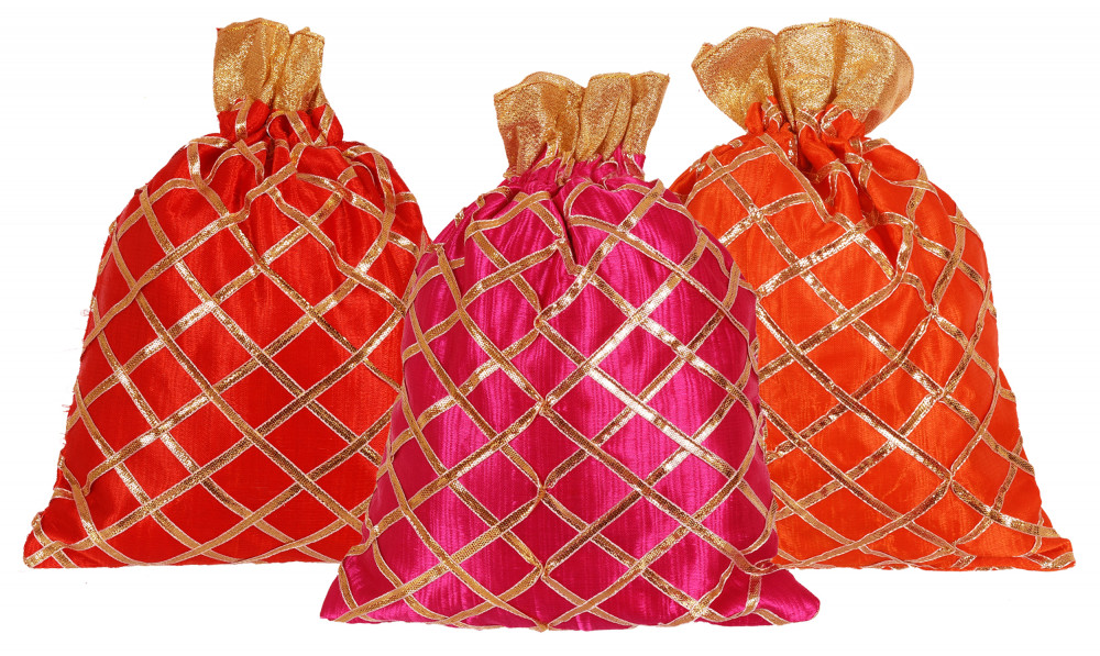 Kuber Industries Drawstring Potli Bag Party Wedding Favor Gift Jewelry Bags-(Red &amp; Orange &amp; Pink)