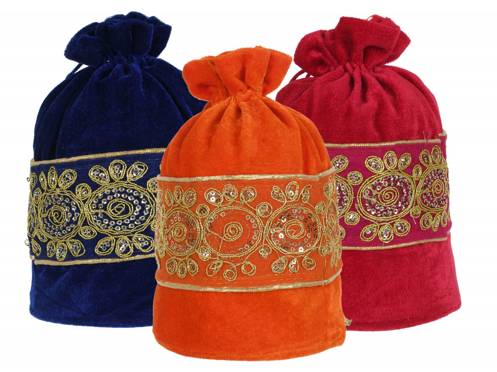 Kuber Industries Embroidered Design Drawstring Potli Bag Party Wedding Favor Gift Jewelry Bags-(Blue &amp; Pink &amp; Orange)