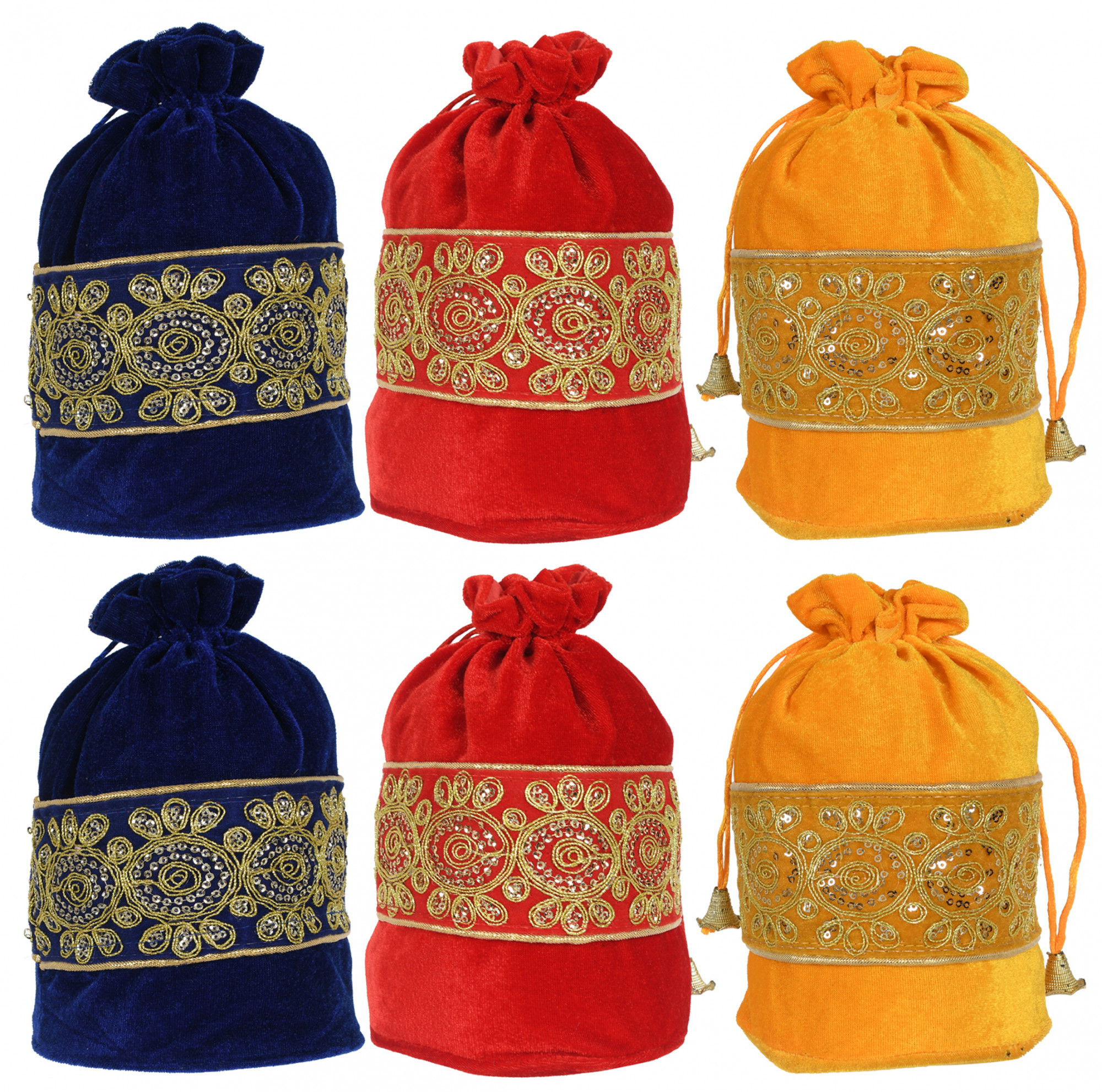 Kuber Industries Embroidered Design Drawstring Potli Bag Party Wedding Favor Gift Jewelry Bags-(Blue & Red & Yellow)