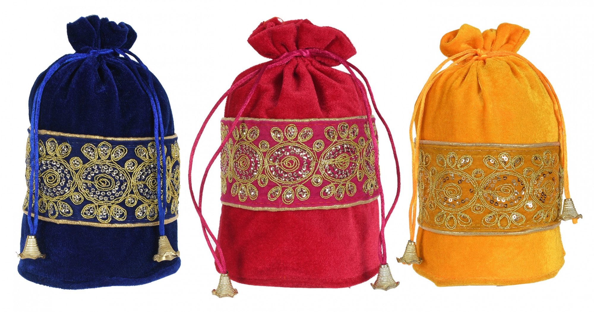 Kuber Industries Embroidered Design Drawstring Potli Bag Party Wedding Favor Gift Jewelry Bags-(Blue & Pink & Yellow)