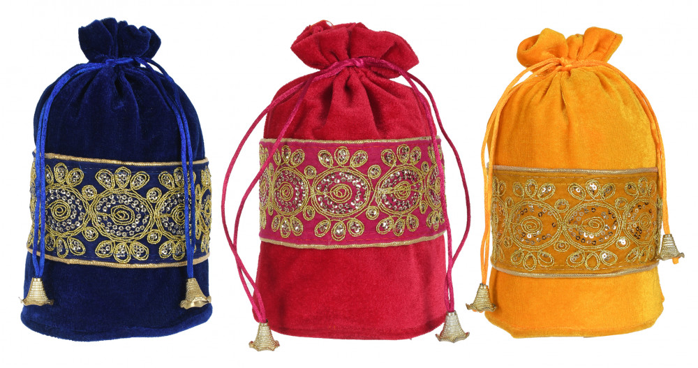 Kuber Industries Embroidered Design Drawstring Potli Bag Party Wedding Favor Gift Jewelry Bags-(Blue &amp; Pink &amp; Yellow)