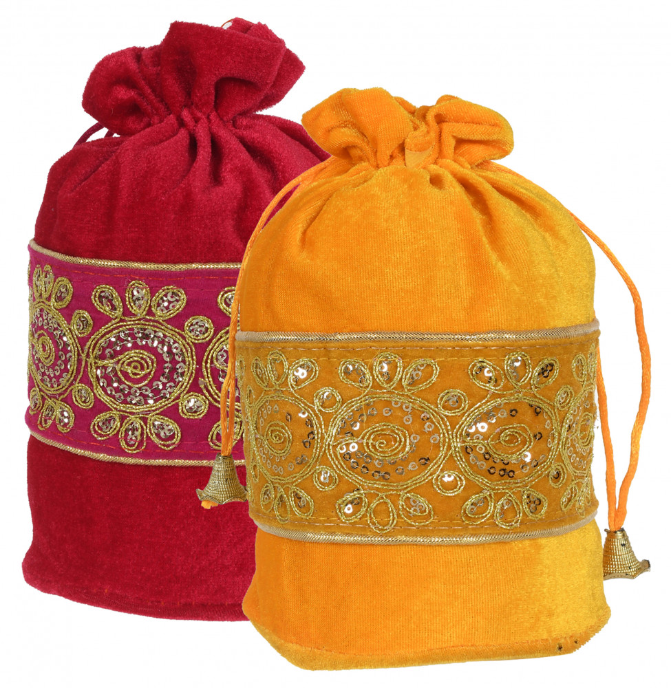Kuber Industries Embroidered Design Drawstring Potli Bag Party Wedding Favor Gift Jewelry Bags-(Pink &amp; Yellow)