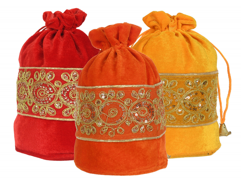 Kuber Industries Embroidered Design Drawstring Potli Bag Party Wedding Favor Gift Jewelry Bags-(Red &amp; Yellow &amp; Orange)