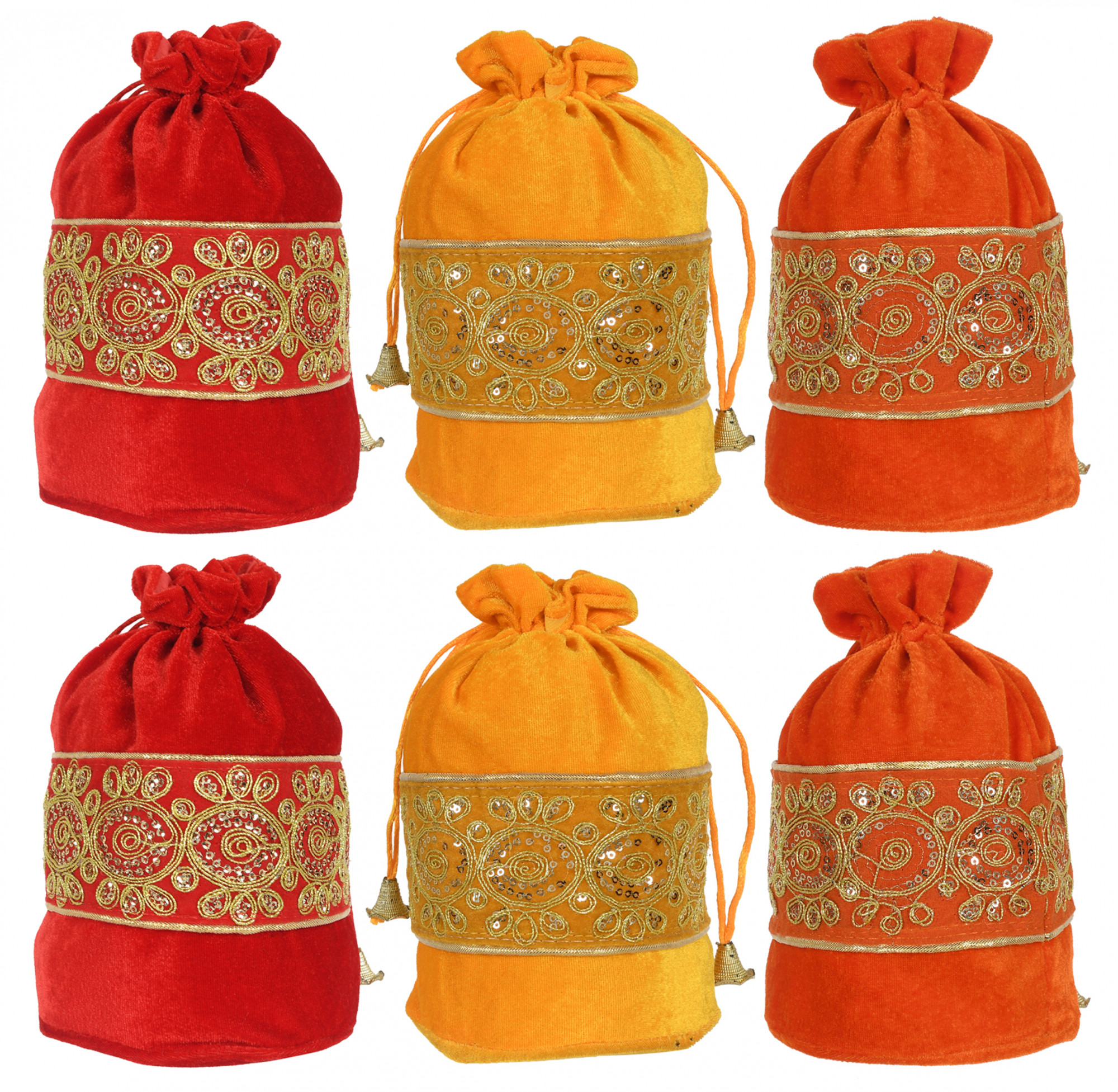Kuber Industries Embroidered Design Drawstring Potli Bag Party Wedding Favor Gift Jewelry Bags-(Red & Yellow & Orange)