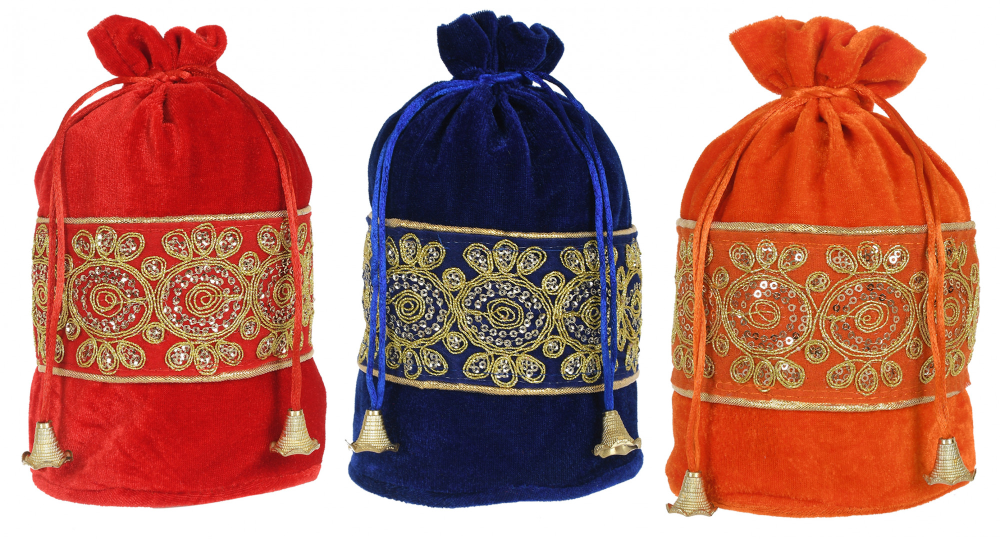 Kuber Industries Embroidered Design Drawstring Potli Bag Party Wedding Favor Gift Jewelry Bags-(Red & Blue & Orange)