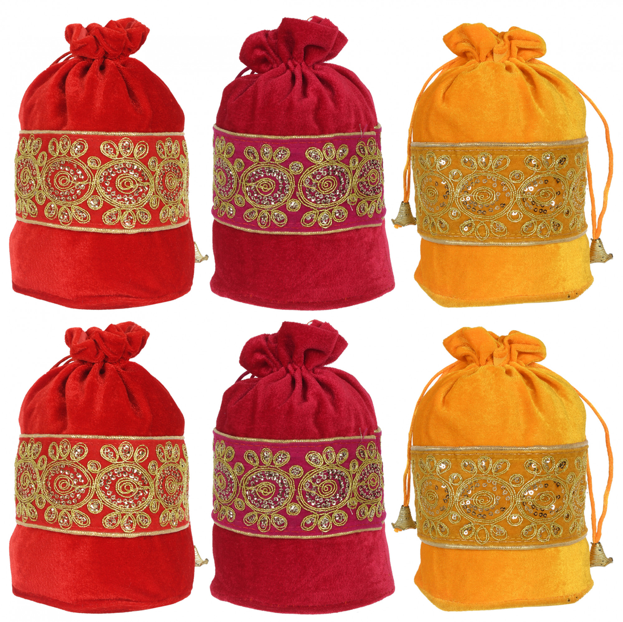 Kuber Industries Embroidered Design Drawstring Potli Bag Party Wedding Favor Gift Jewelry Bags-(Red & Pink & Yellow)
