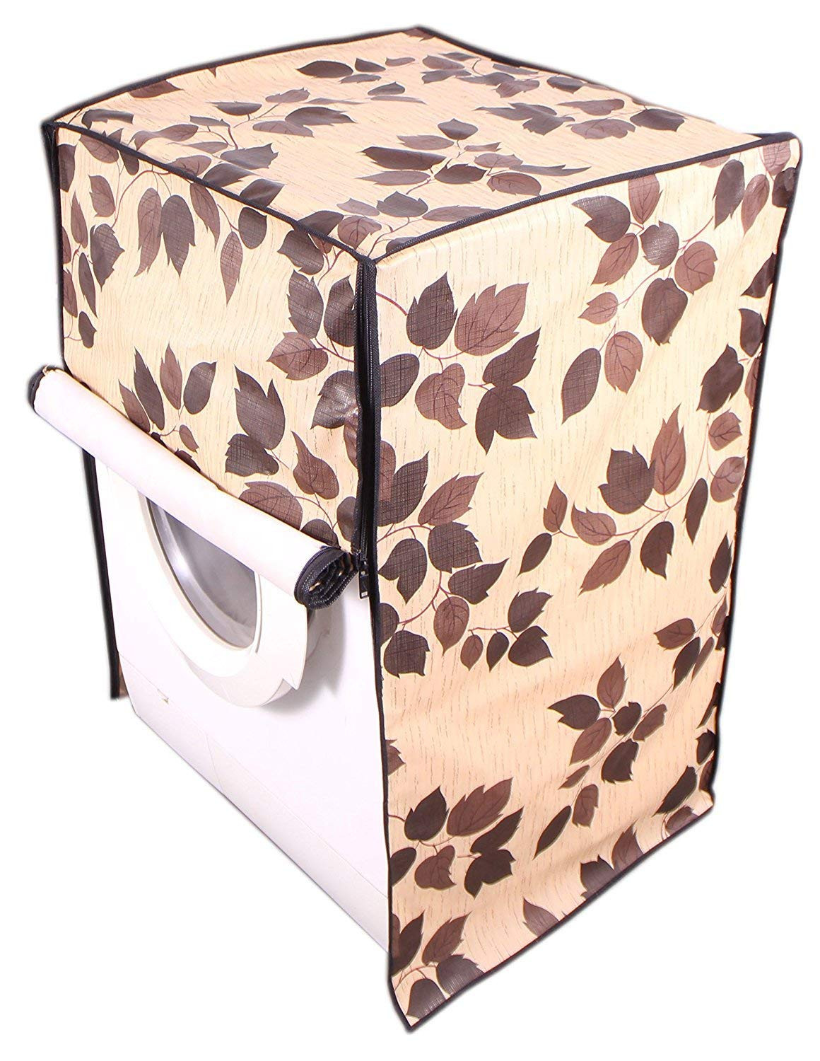 Kuber Industries Floral Design PVC Front Load Fully Automatic Washing Machine Cover with Back Hole (Cream)-CTKTC14542