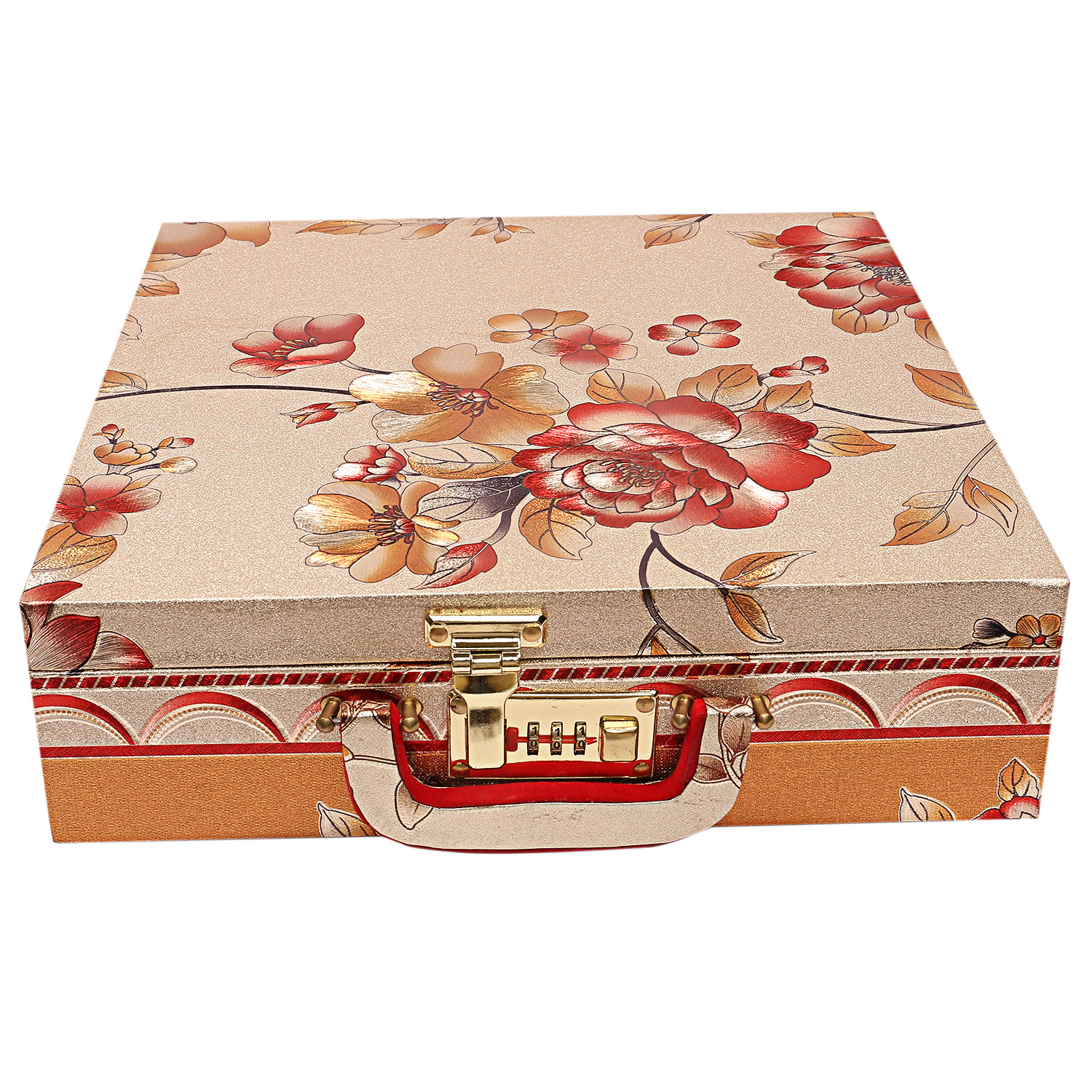 Kuber Industries Floral Design Wooden Four Rod Bangle Storage Box with Lock System (Gold) -CTKTC39398