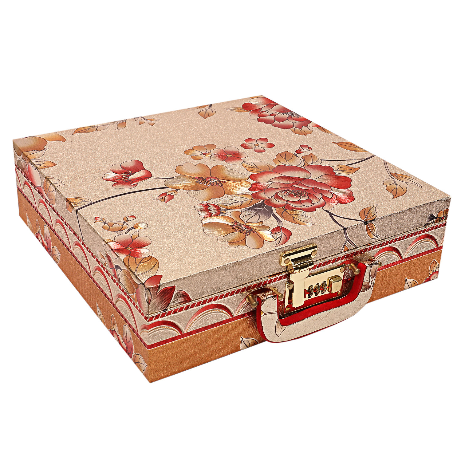Kuber Industries Floral Design Wooden Four Rod Bangle Storage Box with Lock System (Gold) -CTKTC39398