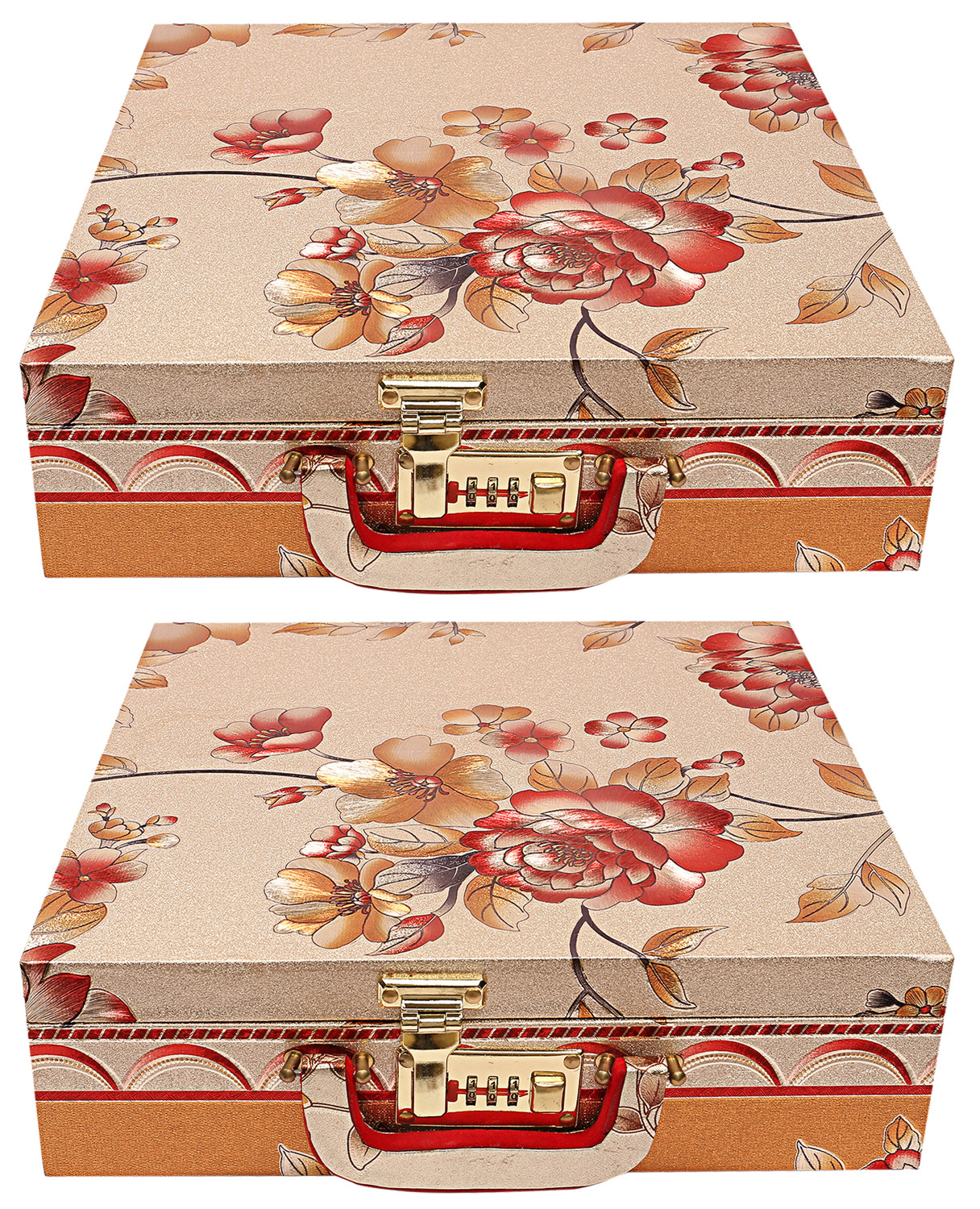 Kuber Industries Floral Design Wooden Four Rod Bangle Storage Box with Lock System (Gold) -CTKTC39398