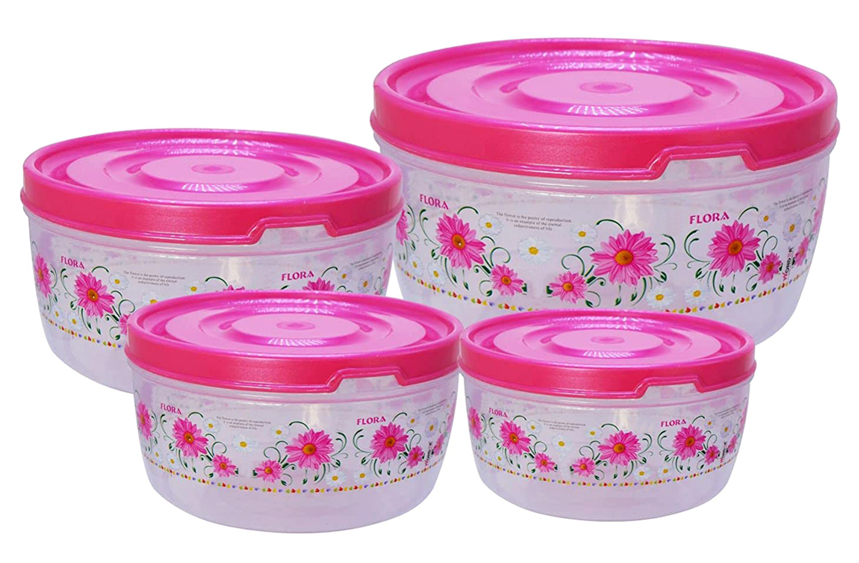 Kuber Industries Floral Microwave Safe Transparent Plastic Food Storage Containers Kitchen Containers With Airtight Lid, Set of 4 (Pink)