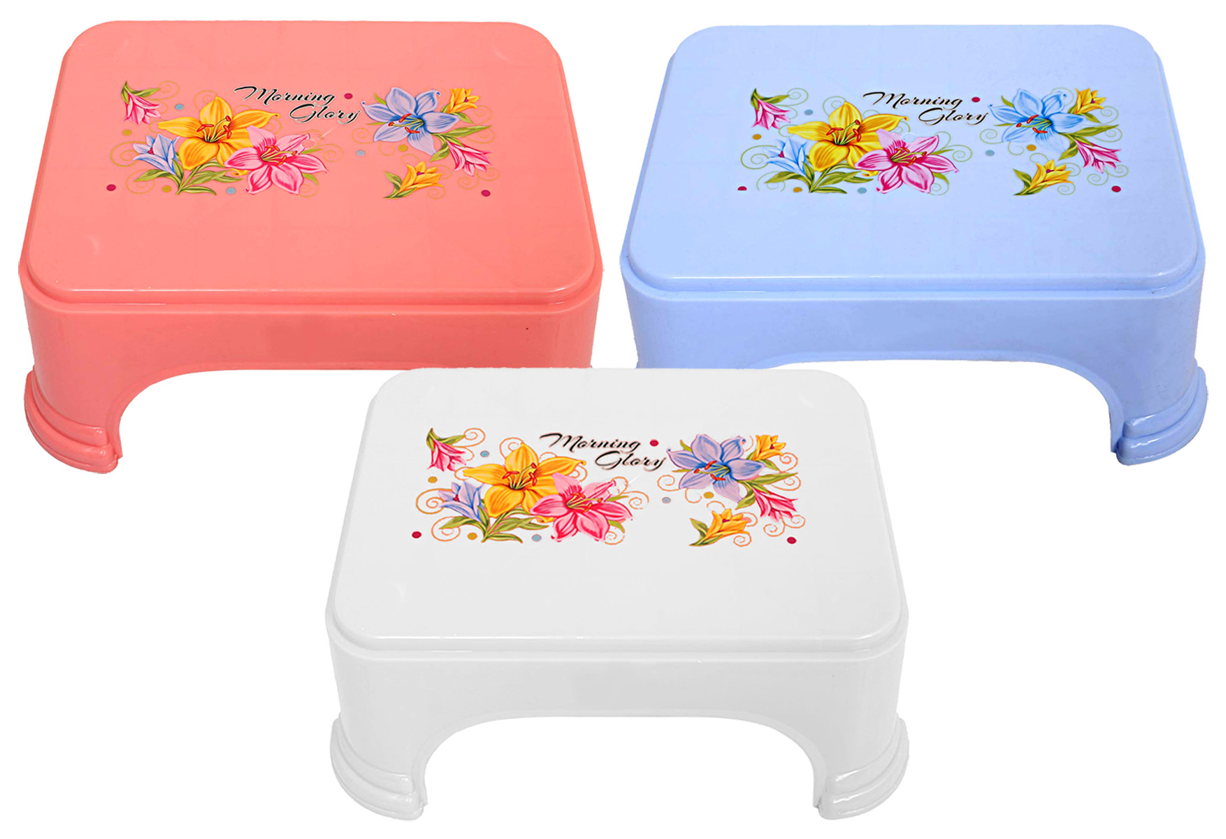 Kuber Industries Floral Print 3 Pieces Plastic Bathroom Stool, Adults Simple Style Stool Anti-Slip with Strong Bearing Stool for Home, Office, Kindergarten, Pink,Blue & White