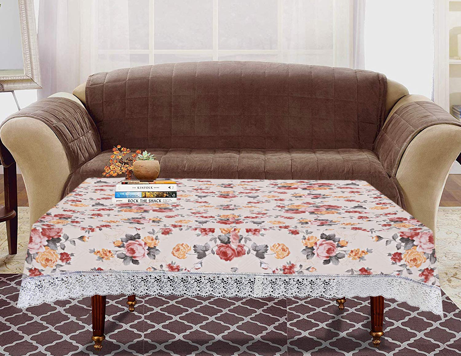 Kuber Industries Floral Print PVC Table Cover for Centre Table and 4 Seater Dining Table,Cream