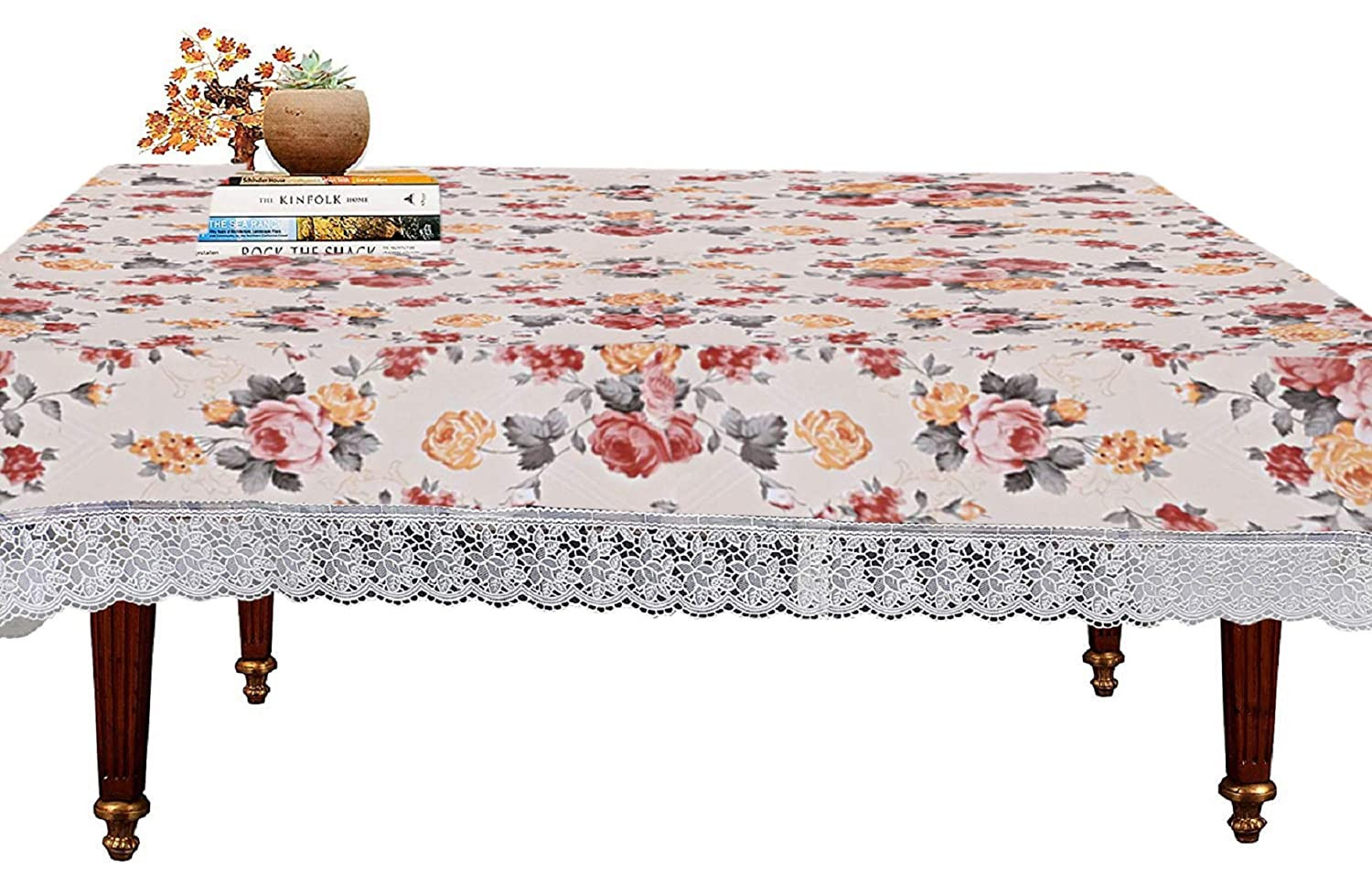 Kuber Industries Floral Print PVC Table Cover for Centre Table and 4 Seater Dining Table,Cream