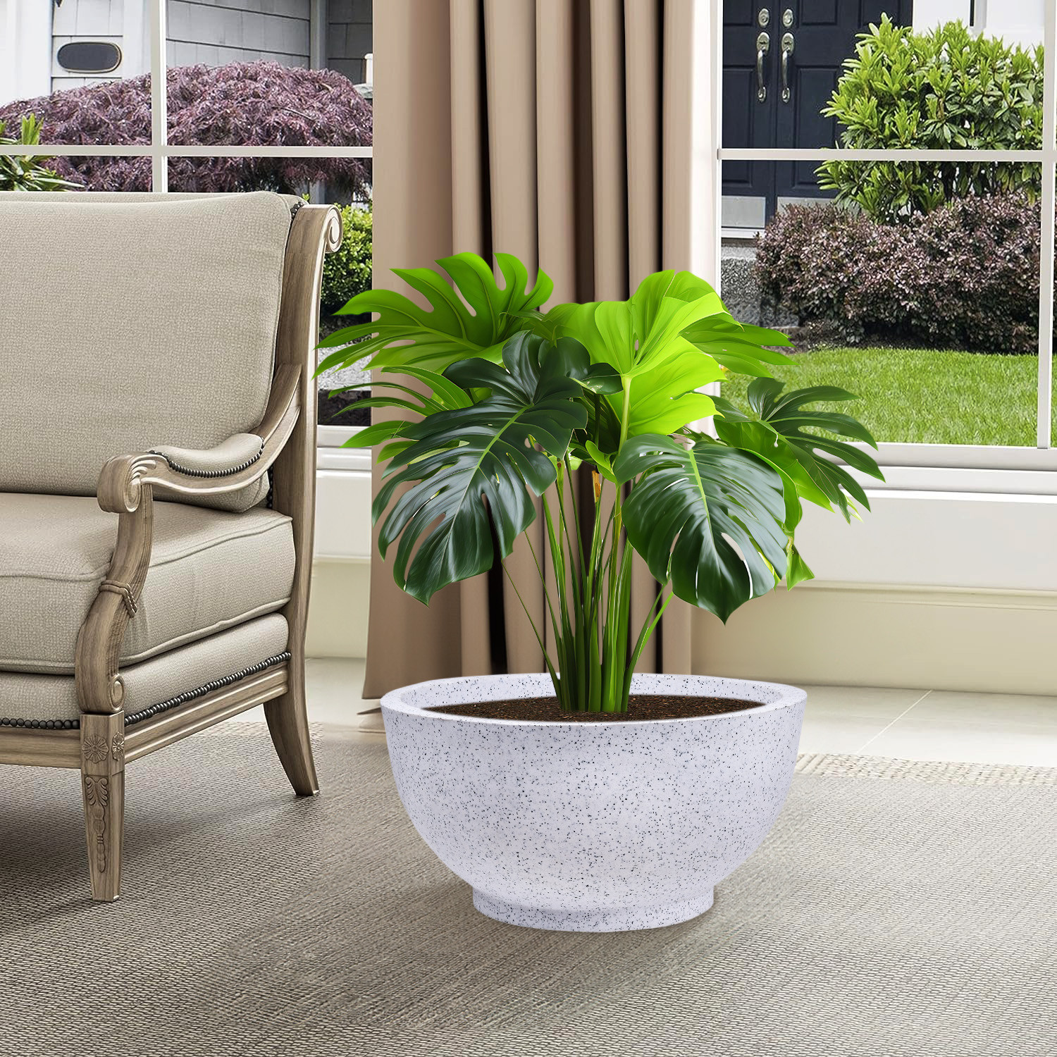 Kuber Industries Flower Pot | 18 Inch Lightweight Polymers Indoor-Outdoor Plant Pots | Flower Pot Gamla for Home-Lawns & Garden Décor | Flower Pot for Office | Marble Lotus | White