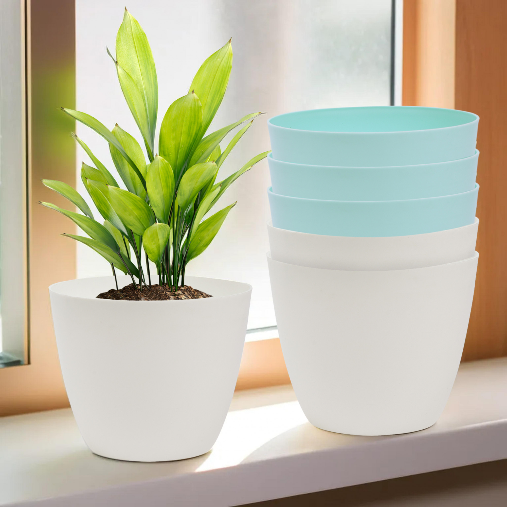 Kuber Industries Flower Pot | Flower Pot for Living Room-Office | Flower Planters for Home-office-Lawns & Garden Décor | Planters Pots for Balcony | Plain Cool | 5 Inch | Sky Blue & White