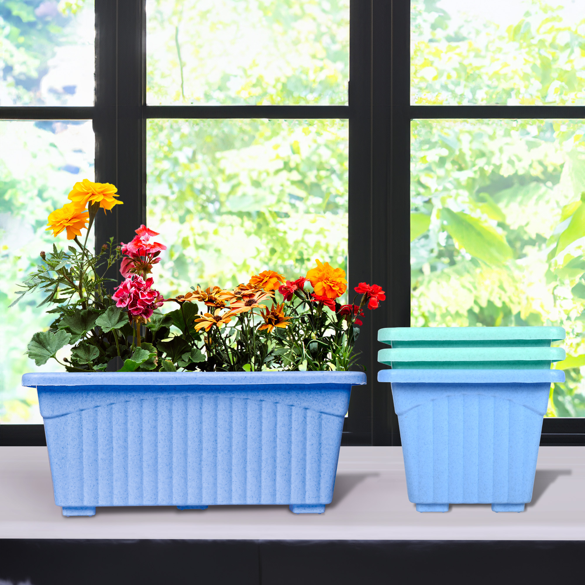 Kuber Industries Flower Pot | Flower Pot for Living Room-Office | Planters for Home-Lawns & Gardening | Window Flower Pots for Balcony | Marble Jupitar | Sky Blue & Green