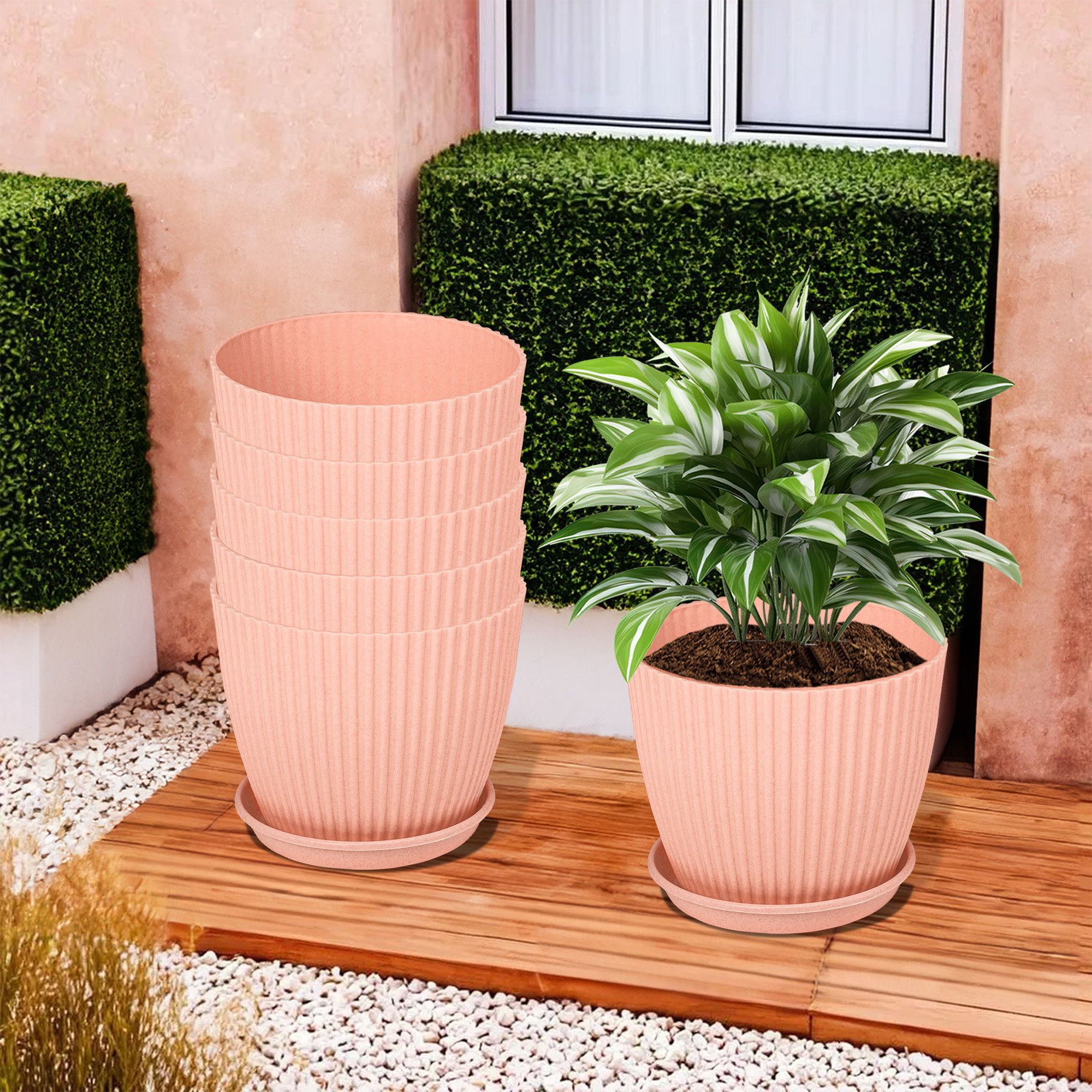 Kuber Industries Flower Pot with Bottom Tray | Flower Container for Living Room | Planters for Home-Lawns & Gardening | Flower Planter for Balcony | Marble Mega | 9 Inch | Peach