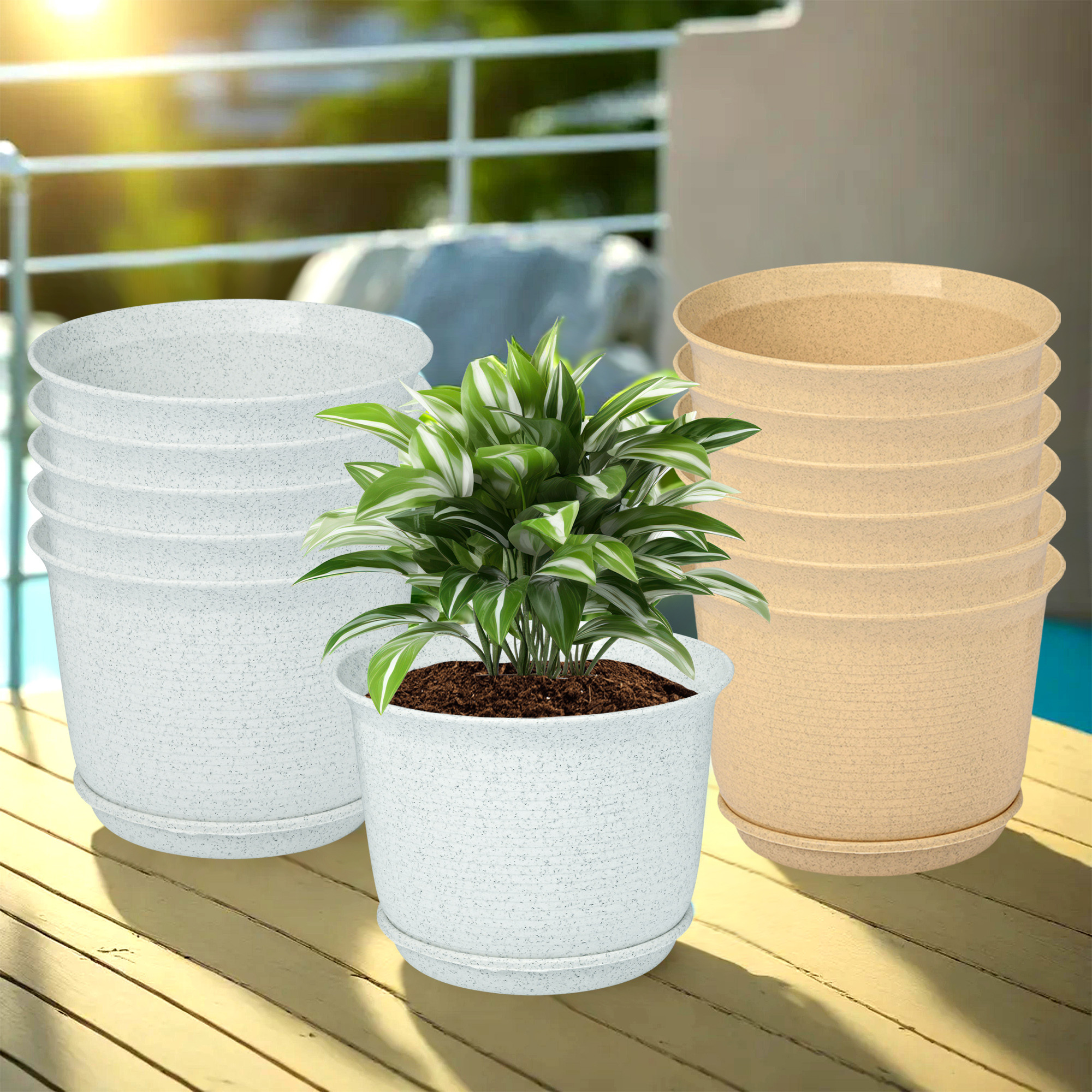 Kuber Industries Flower Pot with Bottom Tray | Flower Pot for Living Room | Planters for Home-Lawns & Gardening | Flower Planter for Balcony | Marble Sawera | 10 Inch | White & Beige