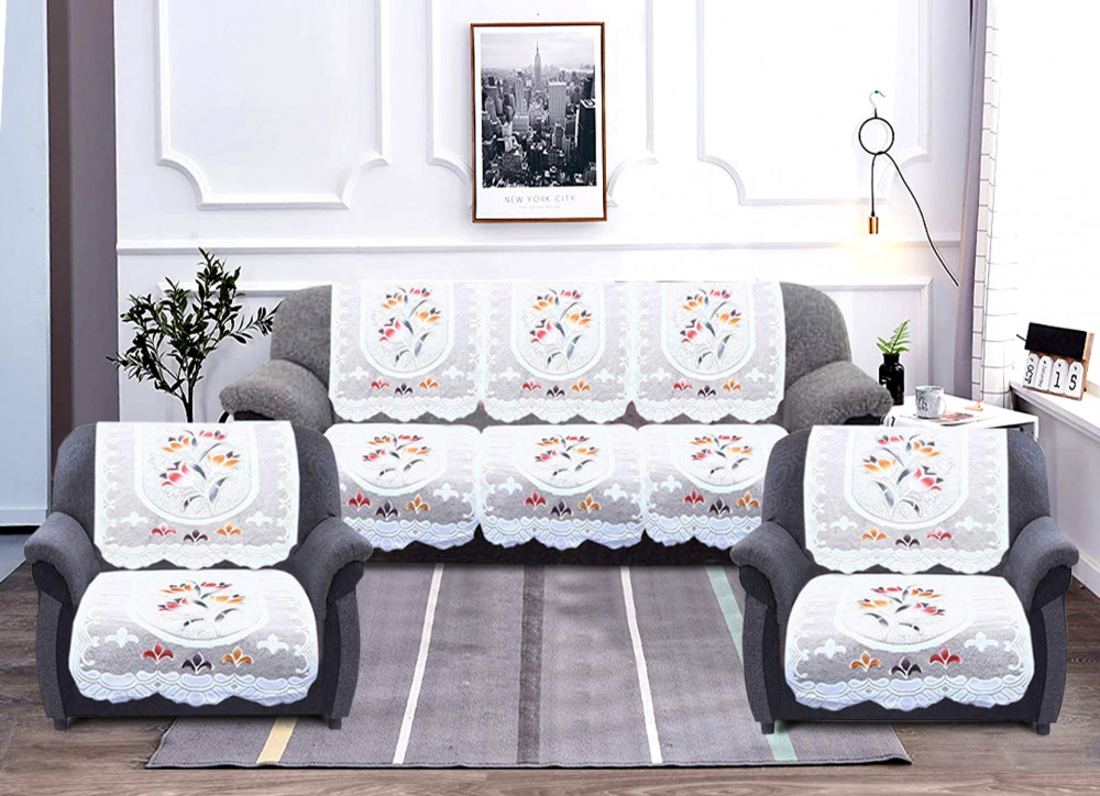 Kuber Industries Flower Print Cotton 6 Piece 5 Seater Slip Cover/Sofa Cover Set,Cream