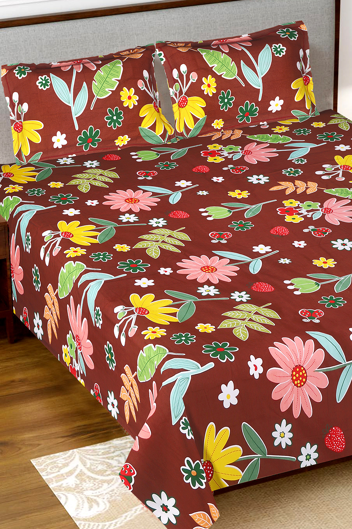 Kuber Industries Flower Printed Luxurious Soft Breathable & Comfortable Cotton Double Bedsheet With 2 Pillow Covers (Walnut)-HS43KUBMART26827