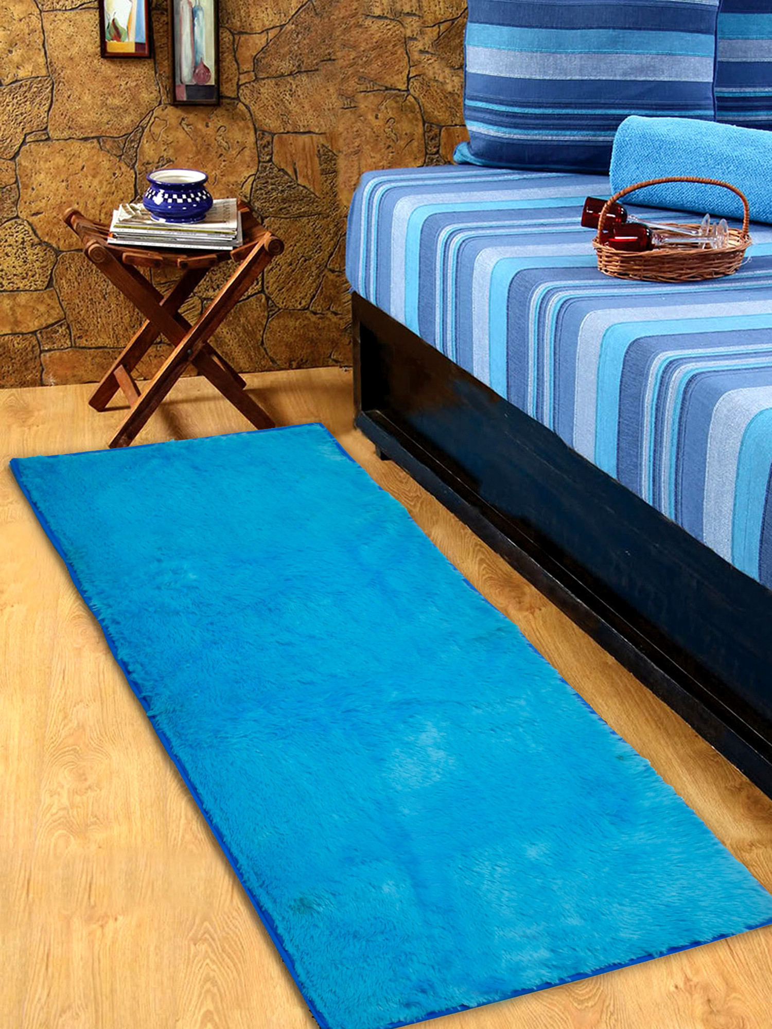 Kuber Industries Fluffy Shag Rug Bedside Runner For Home Décor (Sky Blue)-HS40KUBMART23991