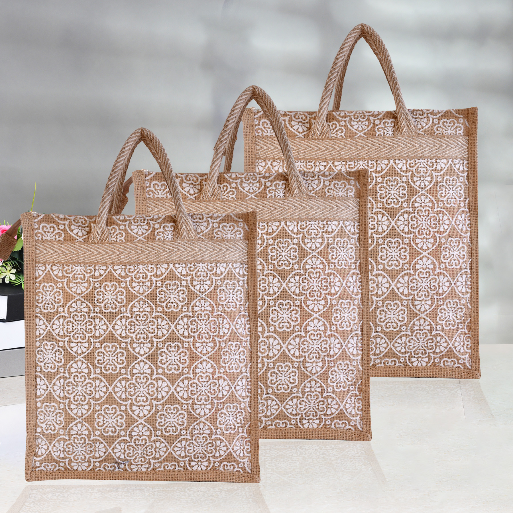 Kuber Industries Grocery Bag | Jute Carry Bag | Lunch Bags for Office | Zipper Grocery Bag with Handle | Vegetable Bag | White Flower Shopping Bag | Medium | Brown