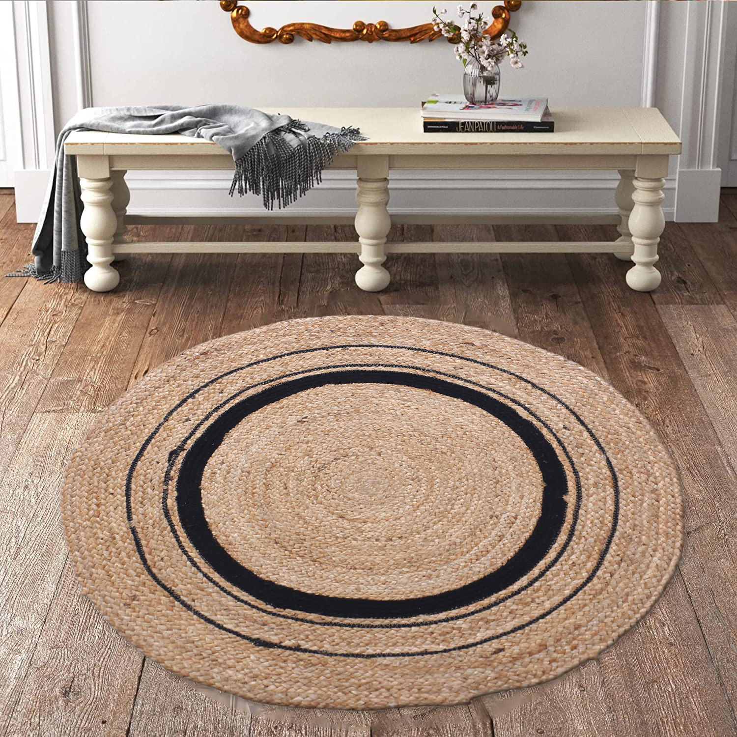 Kuber Industries Handmade Carpet|Cotton Circular Shape Black Layer Door Mat|Jute Floor Rug Mat For Meditation,Living Room,Dining Room & Home Décor,62x62 cm,(Brown)