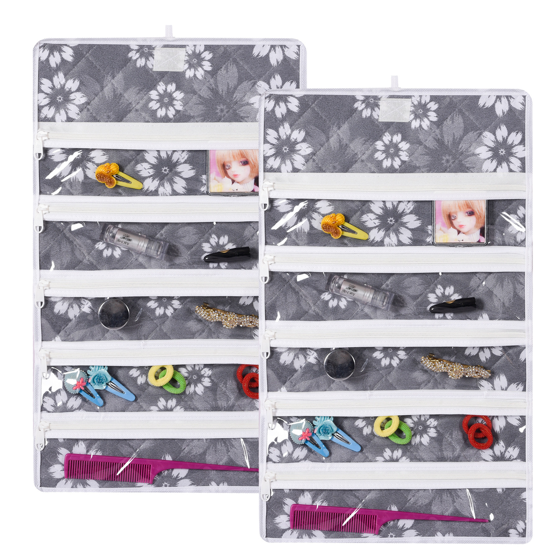 Kuber Industries Hanging Makeup Organizer | Waterproof Watches Organizer | 5 Pocket Jewellery Organizer | Cosmetic Organizer with Velcro | Foldable Payal Kit | Flower Quilted | Gray