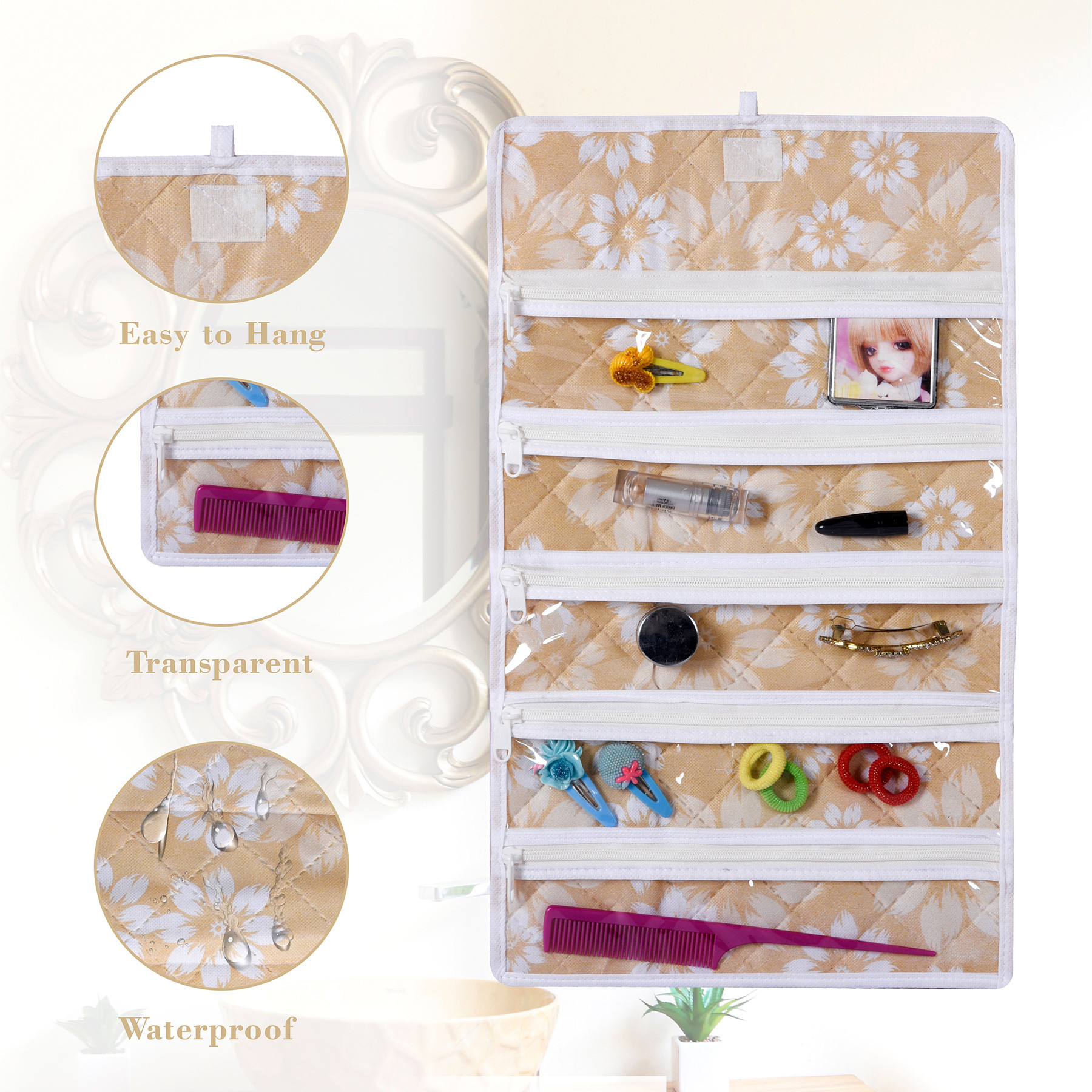 Kuber Industries Hanging Makeup Organizer | Waterproof Watches Organizer | 5 Pocket Jewellery Organizer | Cosmetic Organizer with Velcro | Foldable Payal Kit | Flower Quilted | Golden