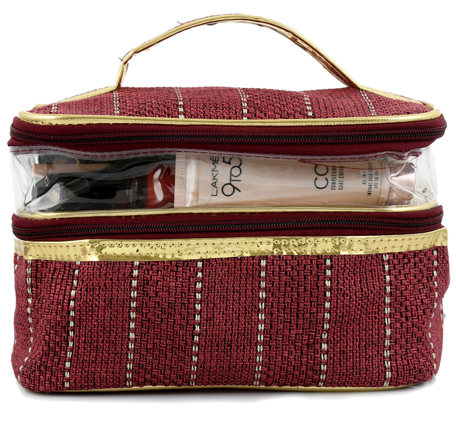 Kuber Industries Jute Design Make Up Kit Cum Cosmetic Kit, Jewellery Kit, Pouches for travel accessories (Maroon) -CTKTC38979