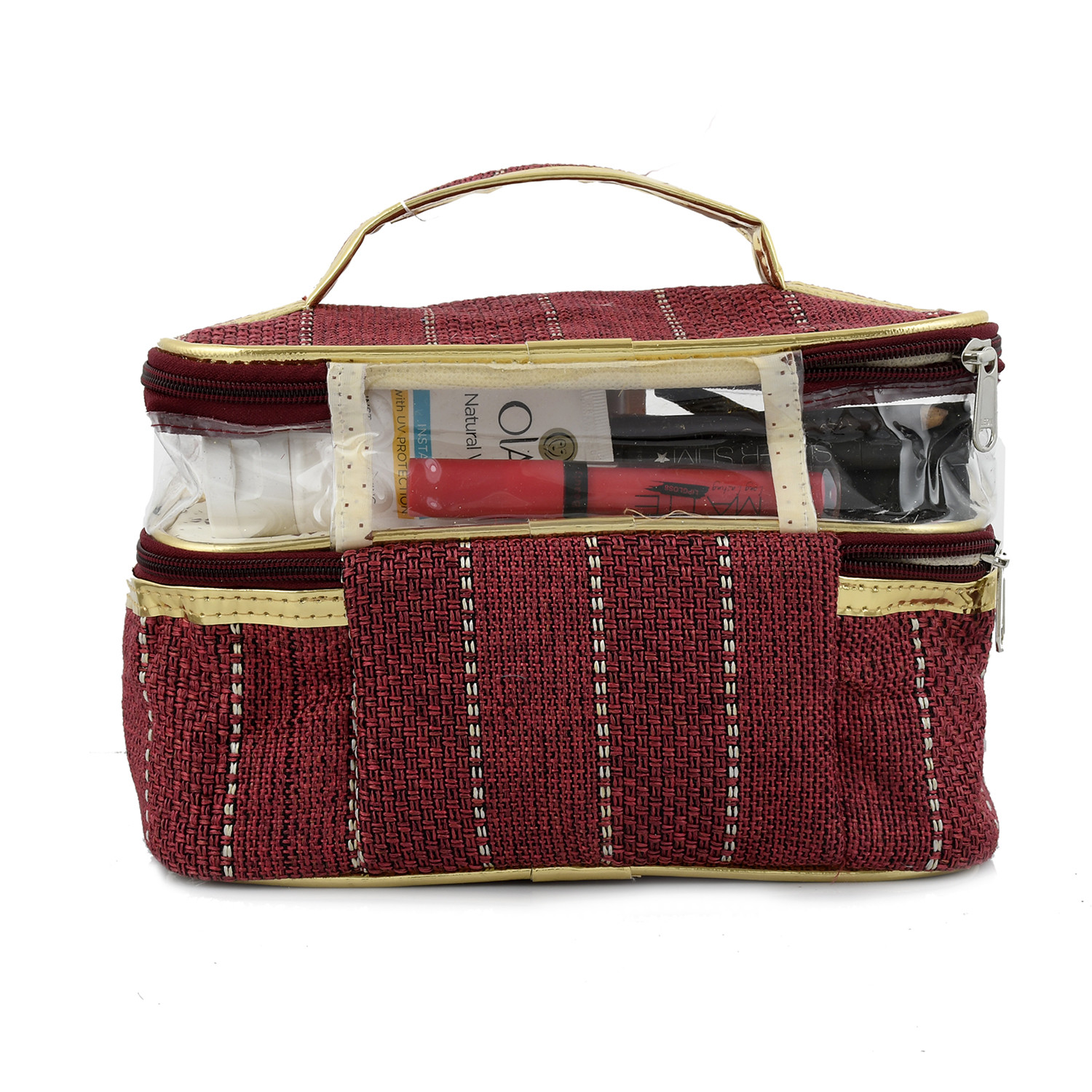 Kuber Industries Jute Design Make Up Kit Cum Cosmetic Kit, Jewellery Kit, Pouches for travel accessories (Maroon) -CTKTC38979