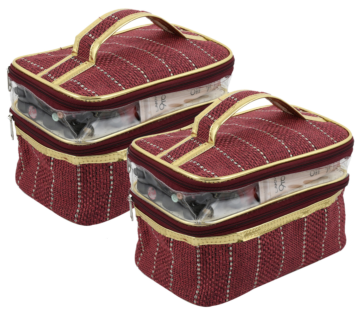 Kuber Industries Jute Design Make Up Kit Cum Cosmetic Kit, Jewellery Kit, Pouches for travel accessories (Maroon) -CTKTC38979