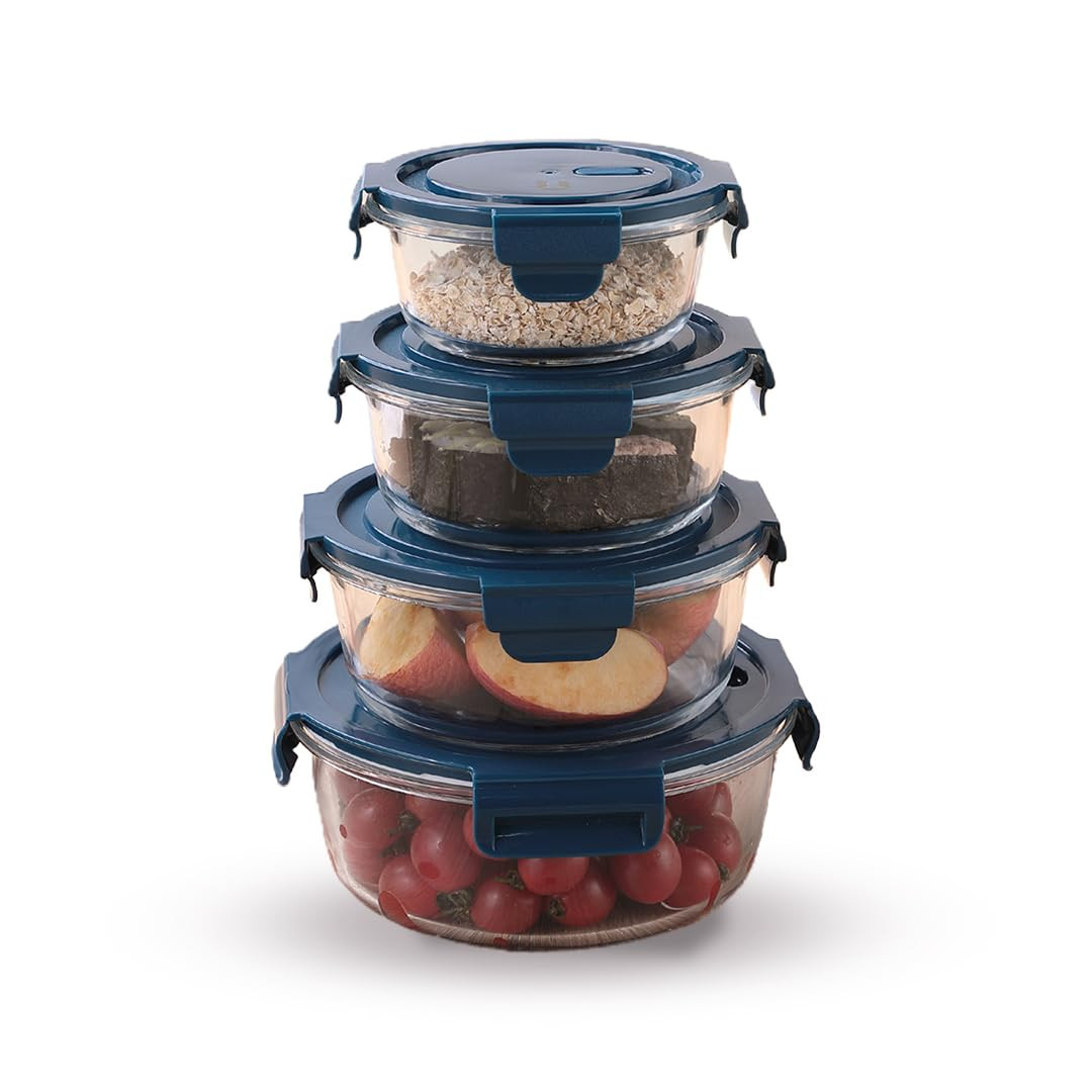 Kuber Industries Kitchen Containers | Air Tight Containers for Storage | Microwave & Freezer Safe Box | Kitchen Organizer with Lid | Round Contaniner | JINGDA015 | Set of 4 | Blue
