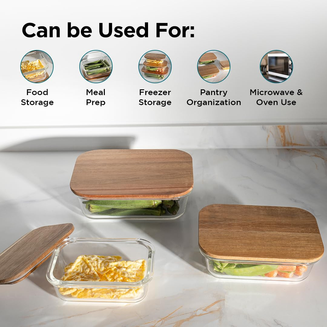 Kuber Industries Kitchen Containers | Air Tight Containers With Wooden Lid | Kitchen Storage Organizer | Microwave Safe Box | Container Set for Kitchen | Set of 3 | Transparent
