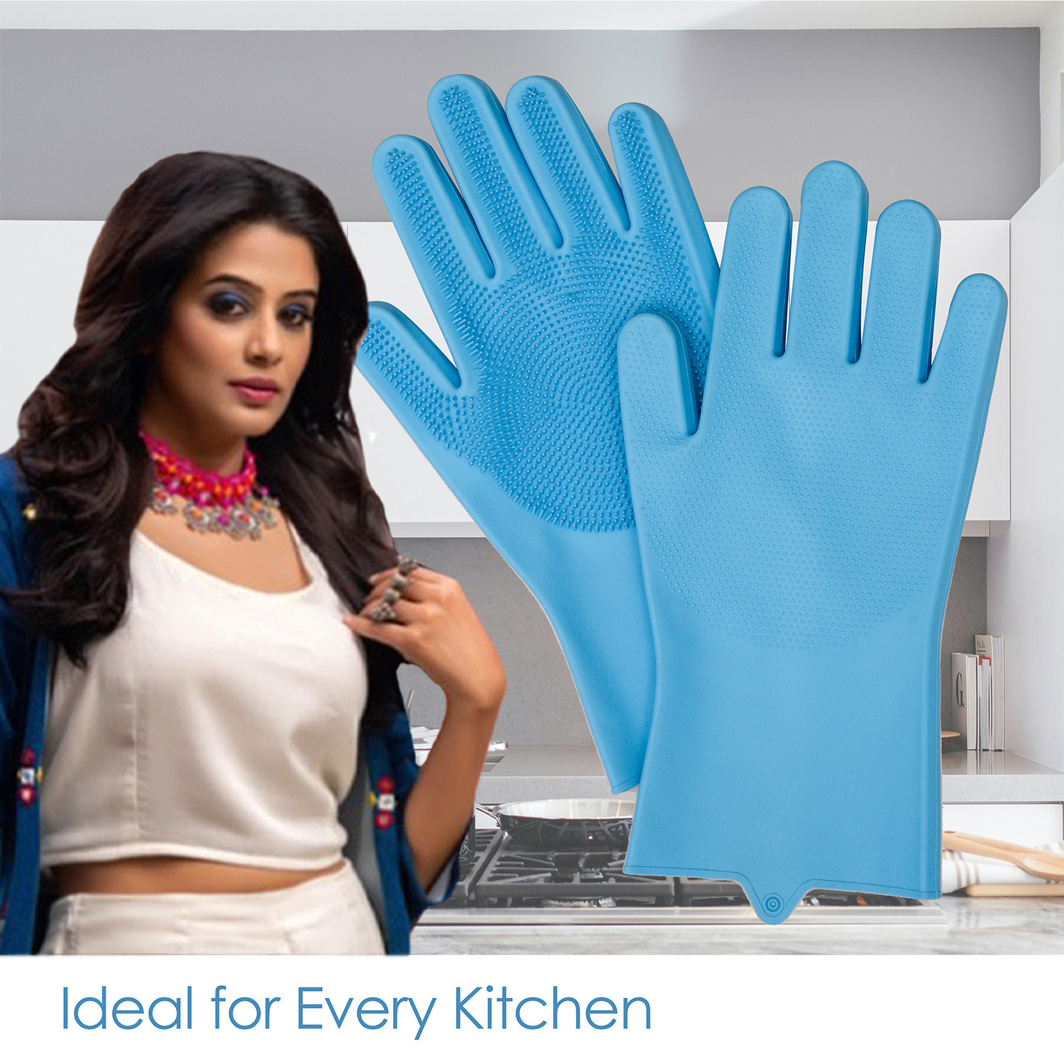 Kuber Industries Kitchen Gloves|Silicone Kitchen Dish Washing Gloves|Scrubbing Gloves For Kitchen|Car Cleaning Gloves|Bathroom Cleaning Gloves|1 Pair (Sky Blue)