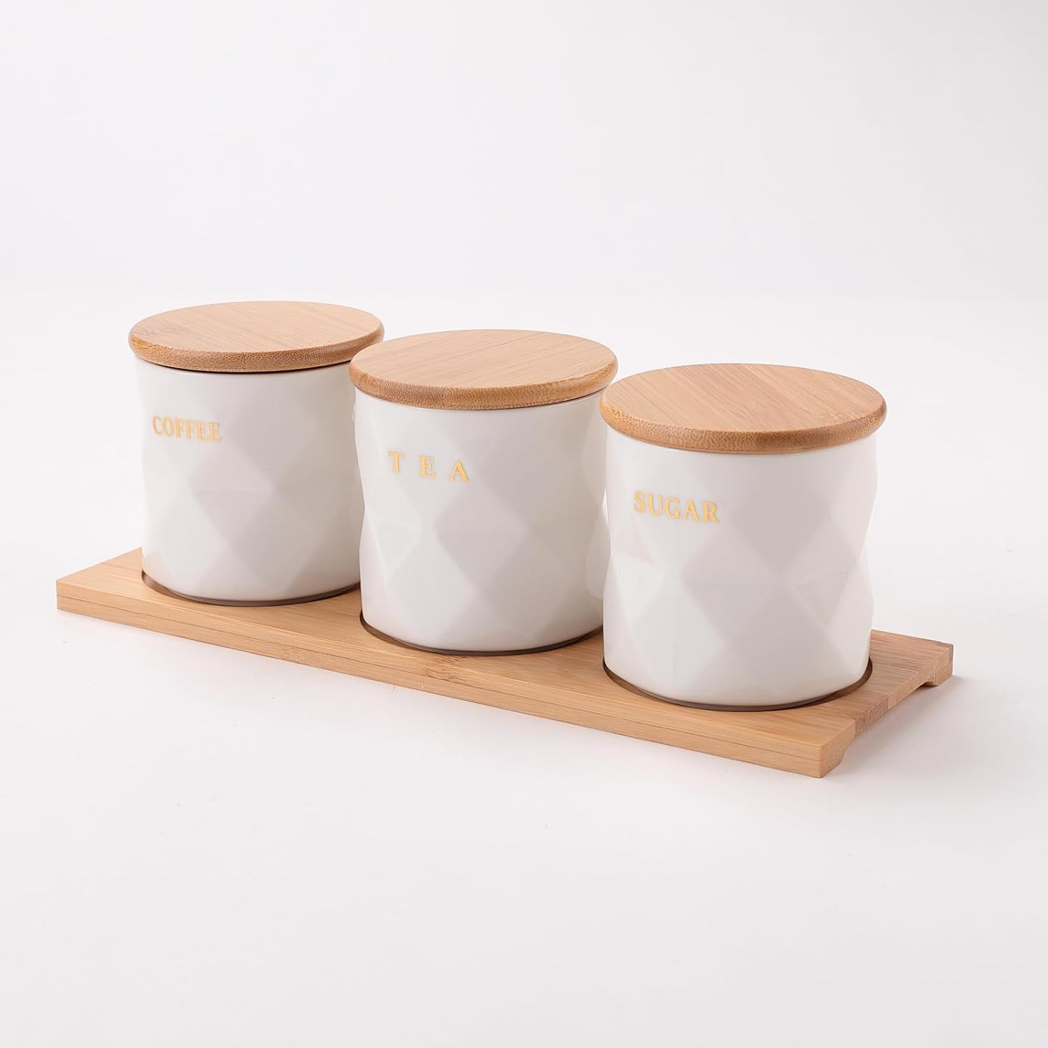 Kuber Industries Kitchen Storage Box | Spoon and Wooden Tray Spice Container | Round Condiment Jar | Air-Tight Bamboo Lid Kitchen Set | Small | Set of 3 | PLS761-1S | 300 ML | White