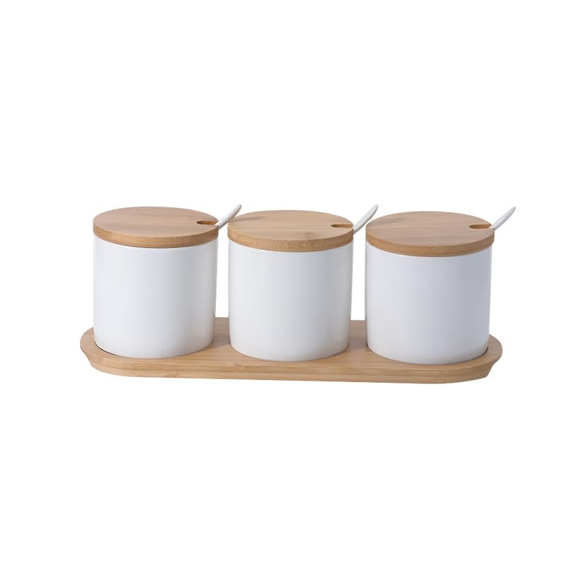 Kuber Industries Kitchen Storage Box | Spoon and Wooden Tray Spice Container | Round Condiment Jar for Home | Air-Tight Bamboo Lid Kitchen Set | Set of 3 | BK03WT | 250 ML | White