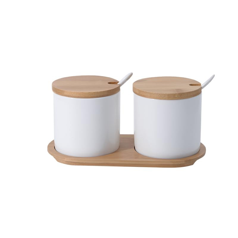 Kuber Industries Kitchen Storage Box | Spoon and Wooden Tray Spice Container | Round Condiment Jar for Home | Air-Tight Bamboo Lid Kitchen Set | Set of 2 | BK02WT | 250 ML | White