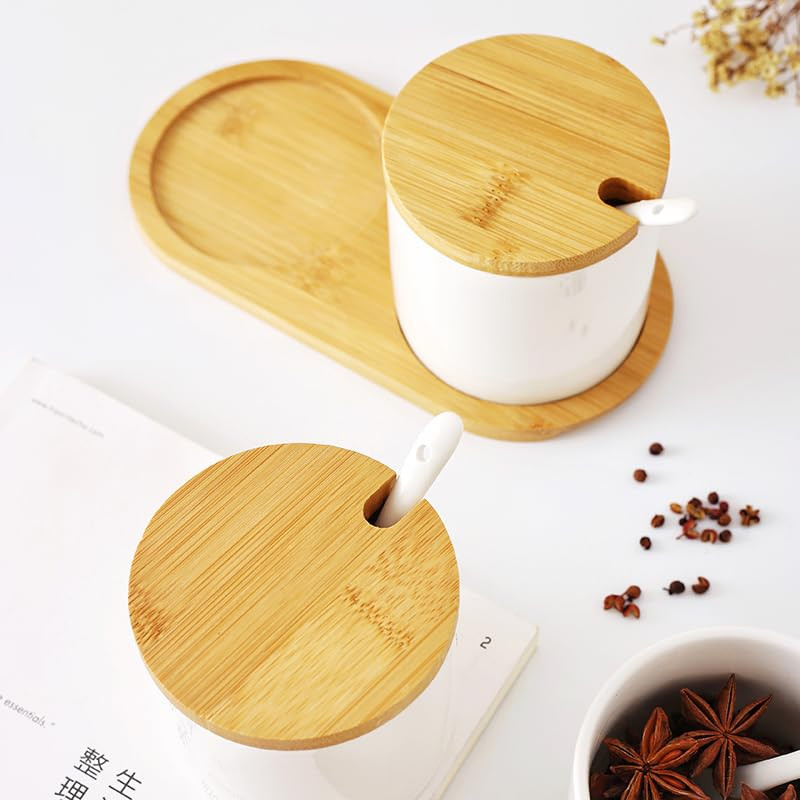 Kuber Industries Kitchen Storage Box | Spoon and Wooden Tray Spice Container | Round Condiment Jar for Home | Air-Tight Bamboo Lid Kitchen Set | Set of 2 | BK02WT | 250 ML | White
