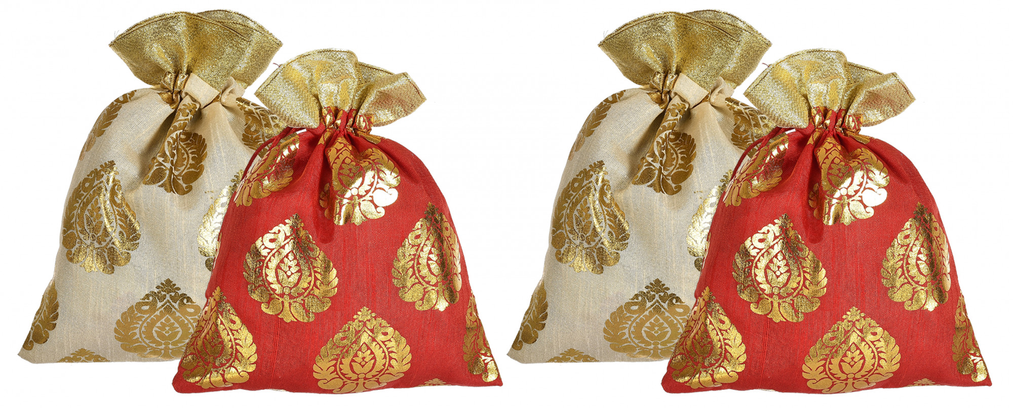 Kuber Industries Leaf Design  Drawstring Potli Bag Party Wedding Favor Gift Jewelry Bags-(Gold & Red)