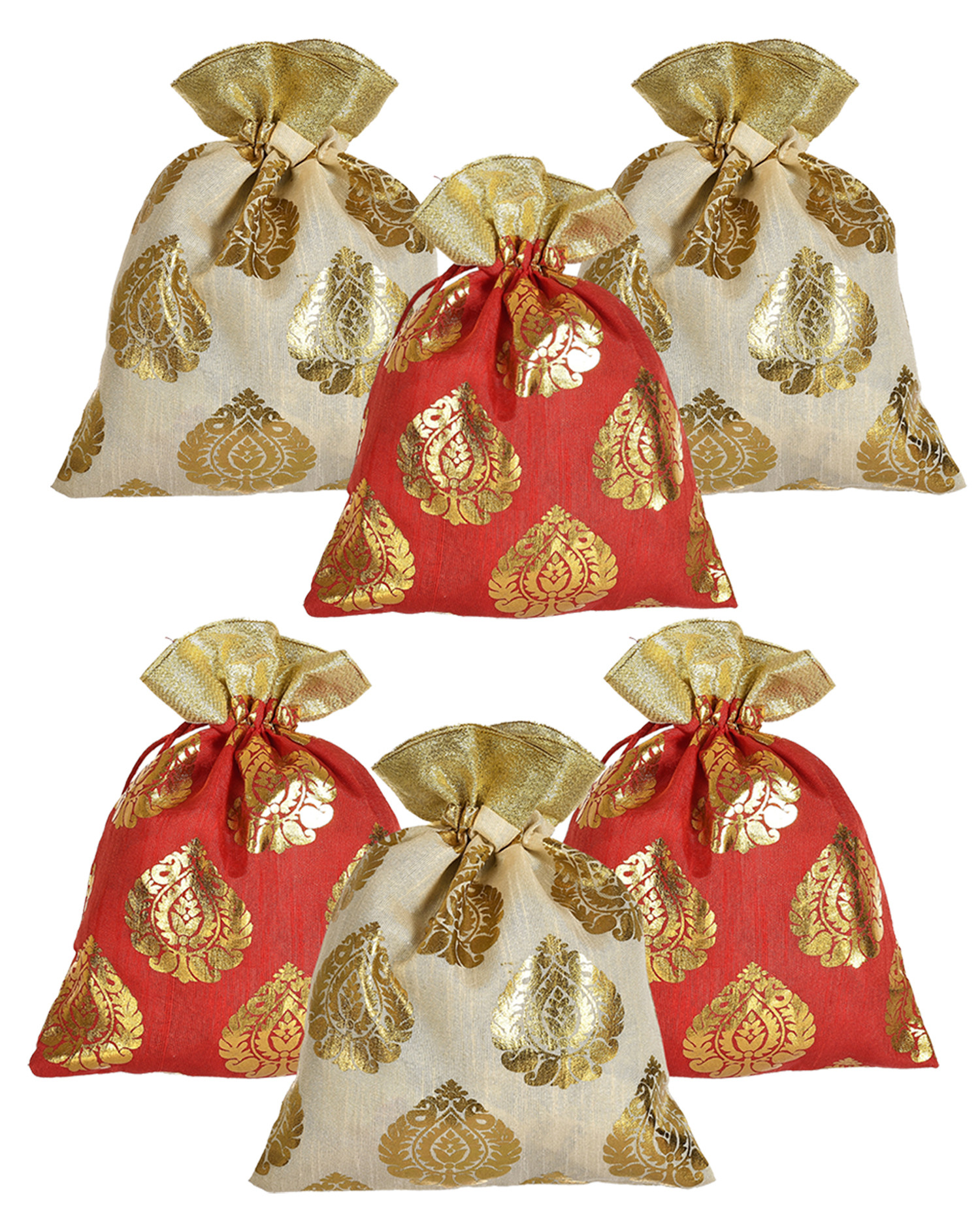 Kuber Industries Leaf Design  Drawstring Potli Bag Party Wedding Favor Gift Jewelry Bags-(Gold & Red)